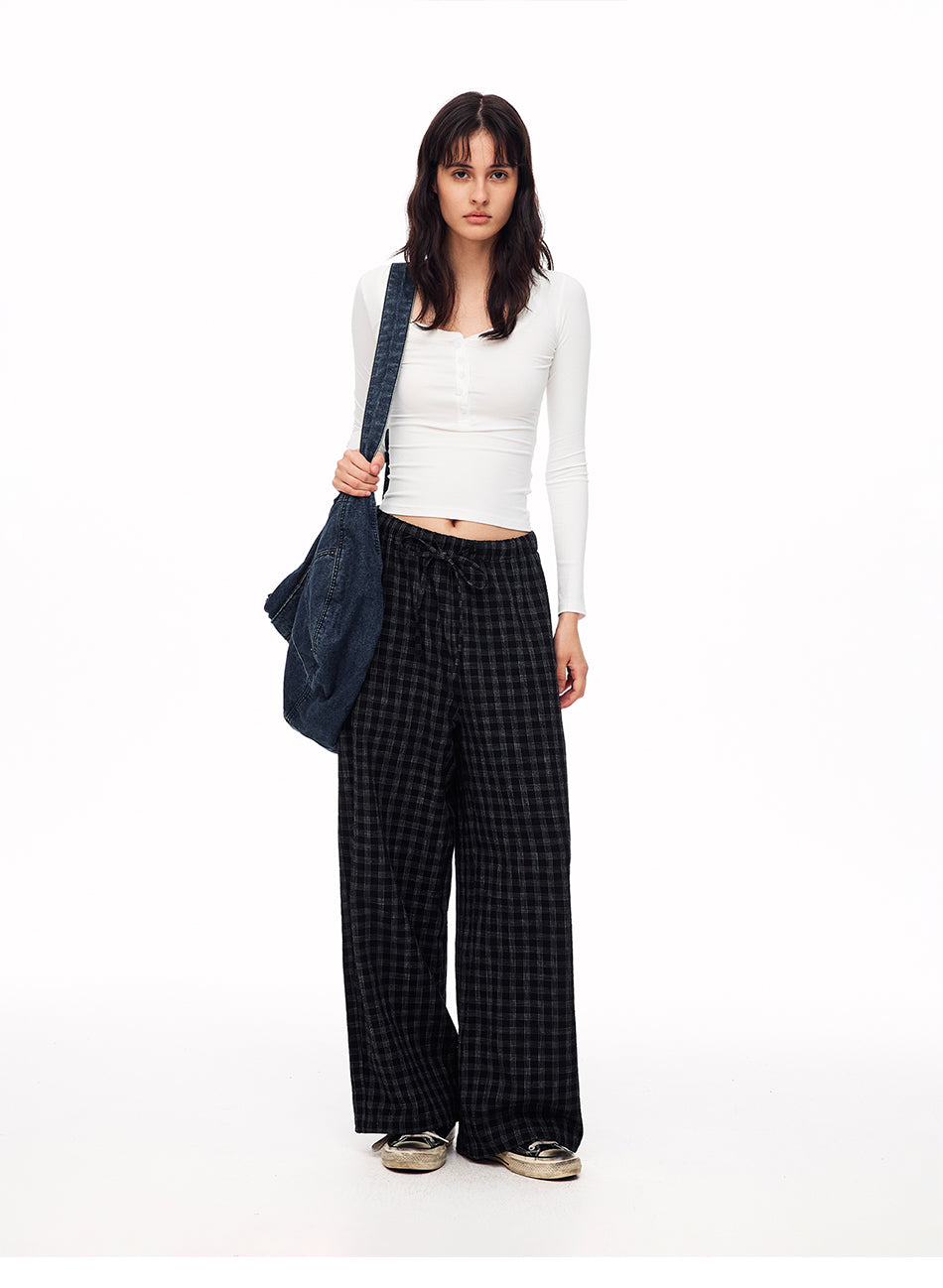 MADWITCH TEXTURED PLAID DRAWSTRING SLOUCHY PANTS #CK61088