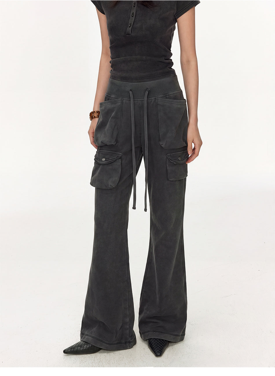 MADWITCH WASHED DISTRESSED MULTI-POCKET FLARE SWEATPANTS #CN61065