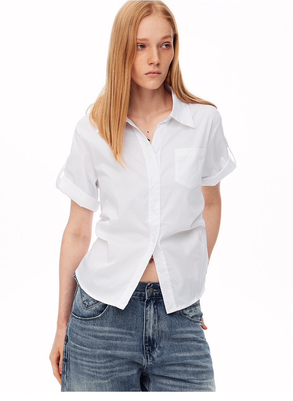 MADWITCH RUFFLED WAIST SINGLE POCKET SHORT SLEEVE SHIRT #G26472