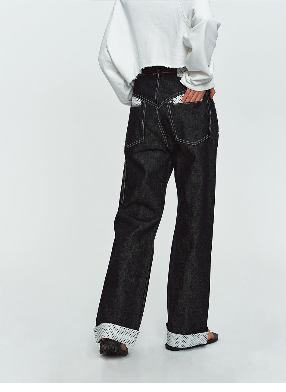MADWITCH POLKA-DOT PATCHWORK CUFFED WIDE-LEG JEANS #G60107