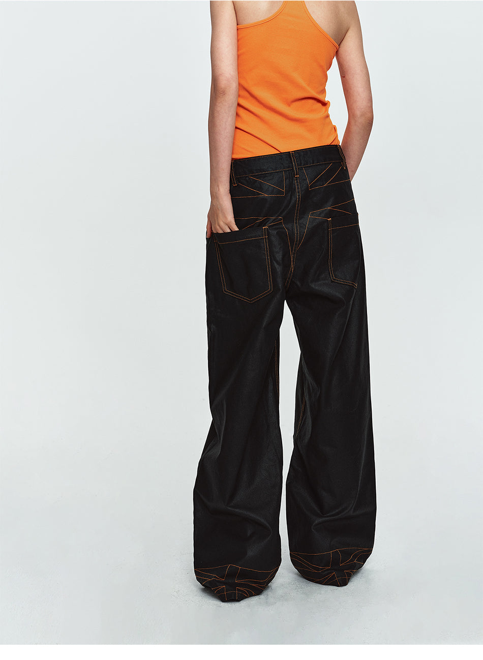 MADWITCH CONTRAST-STITCH WAXED-BLACK WIDE-LEG JEANS #GPC3659