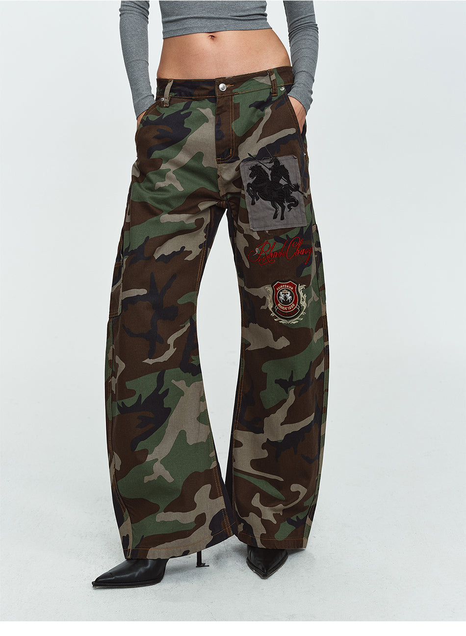 MADWITCH BADGE-EMBROIDERED CAMO CURVED-LEG CARGO PANTS #L2026627