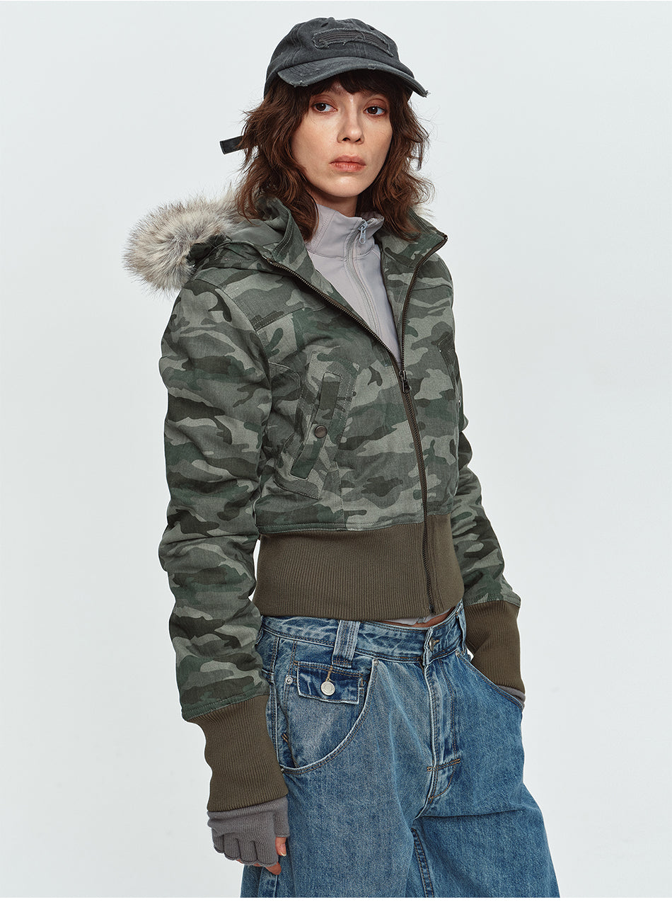 MADWITCH FAUX-FUR HOODED CINCHED CROPPED CAMO PUFFER #L2026539
