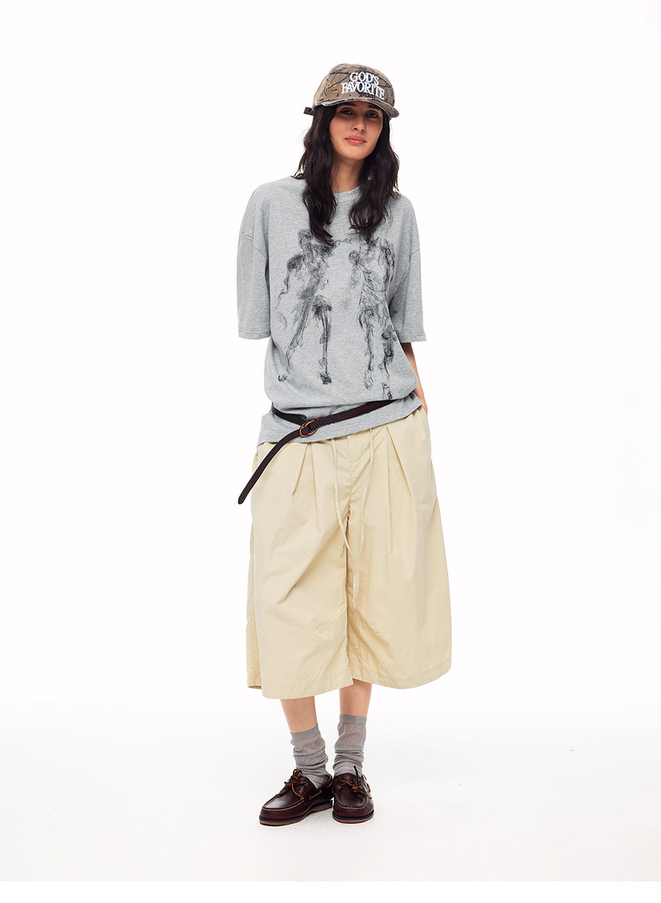 MADWITCH PLEATED DRAWSTRING DROPPED WIDE-LEG CAPRI PANTS #CK279D