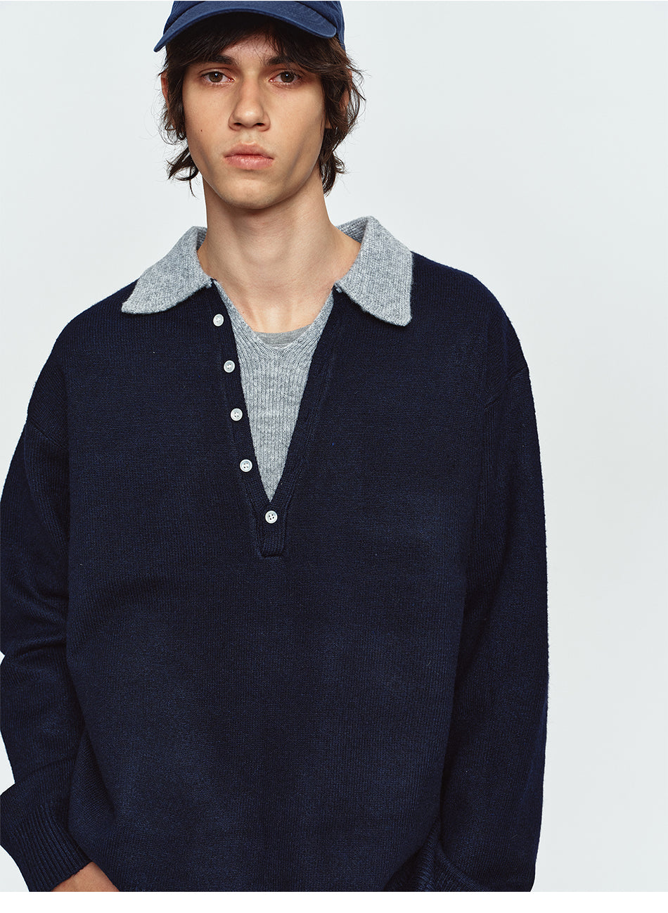 MADWITCH LAYERED CONTRAST-COLLAR BUTTON-PLACKET POLO SWEATER #68562