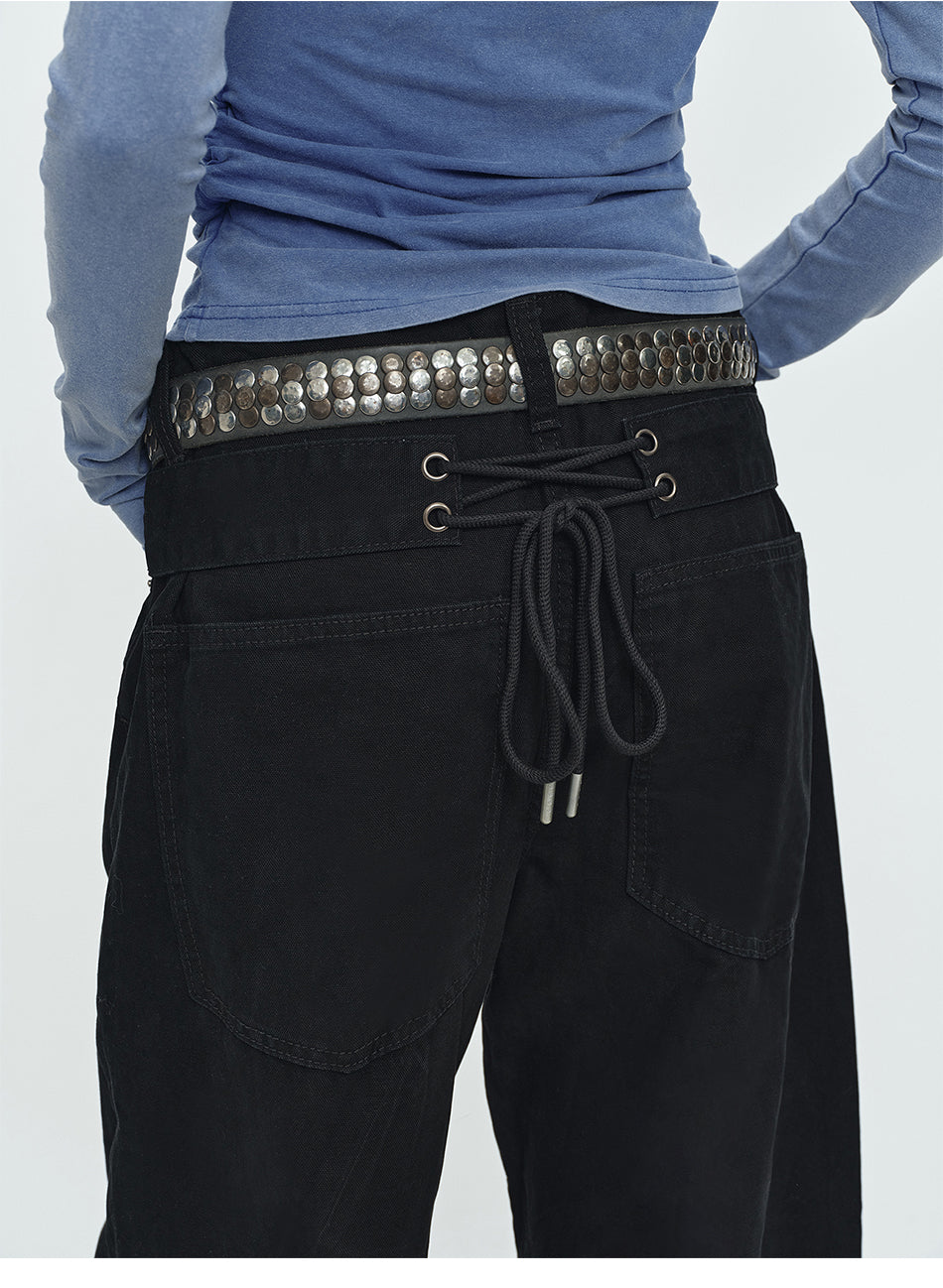 MADWITCH CURVED-LEG WASHED LACE-BACK TROUSERS #K7386