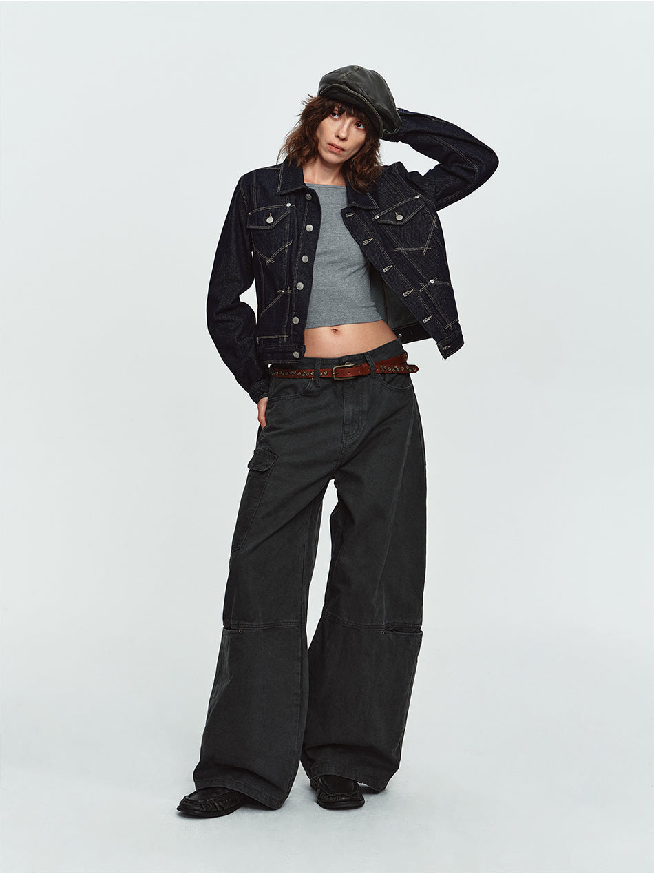 MADWITCH WASHED MULTI-POCKET CURVED-LEG CARGO PANTS #DR9622