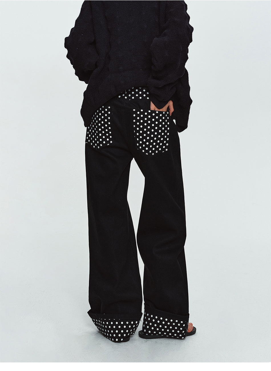 MADWITCH POLKA-DOT PATCHWORK CUFFED WIDE-LEG JEANS #G60087