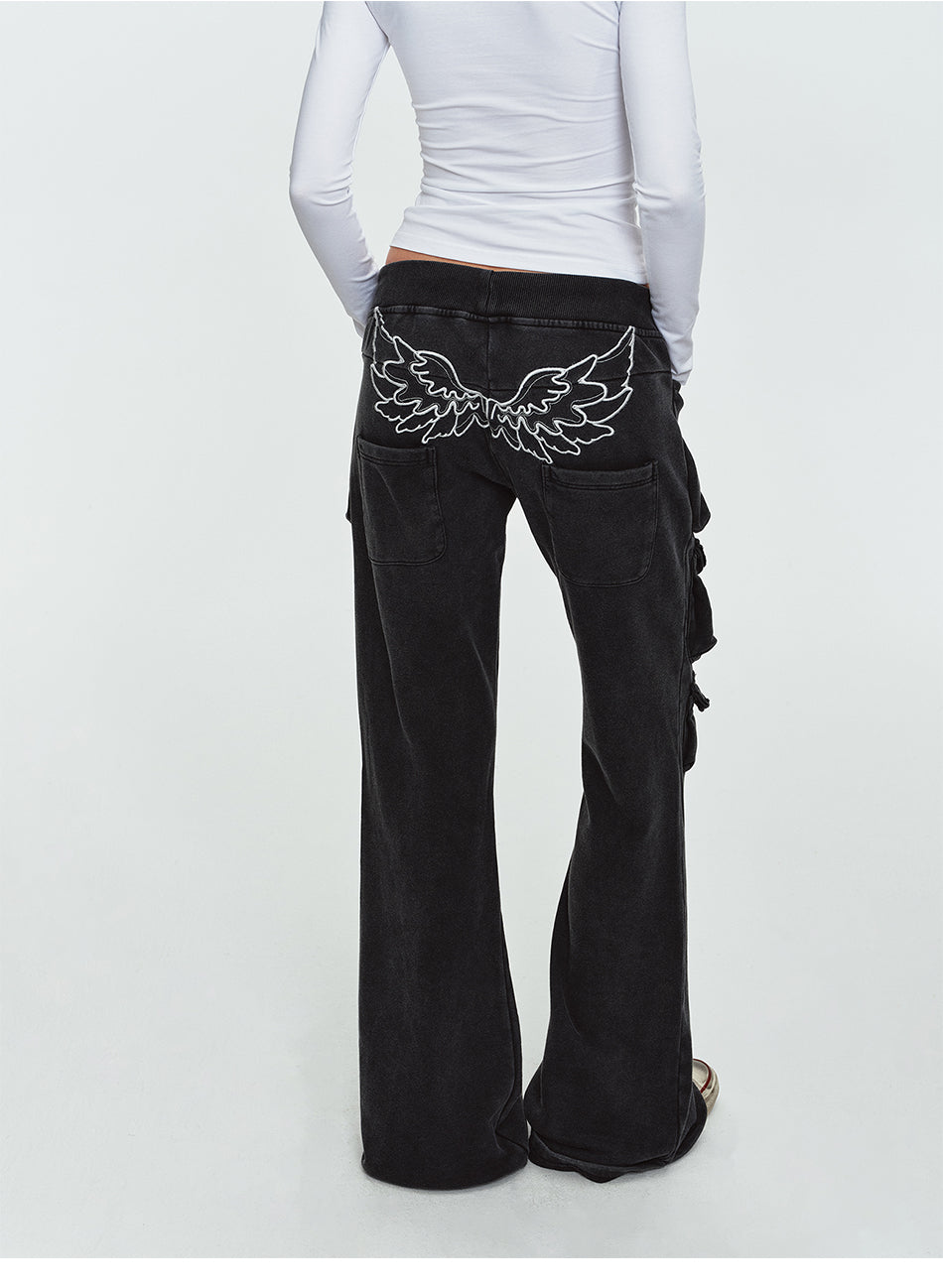 MADWITCH WING-EMBROIDERED WASHED FLARED CARGO SWEATPANTS #L2026705