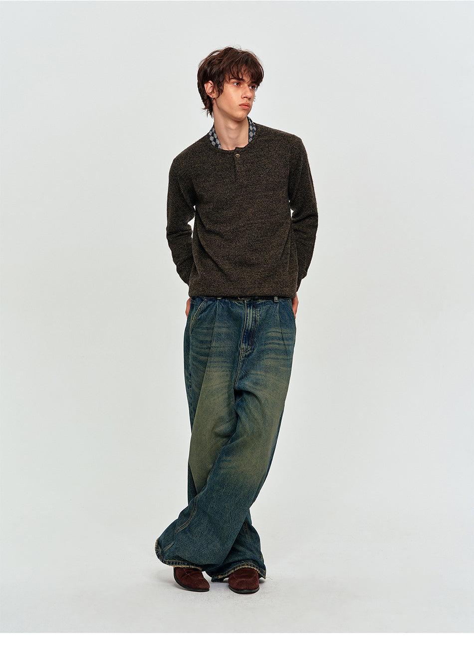 MADWITCH TEXTURED MARLED WOOL-BLEND HENLEY SWEATER #11826