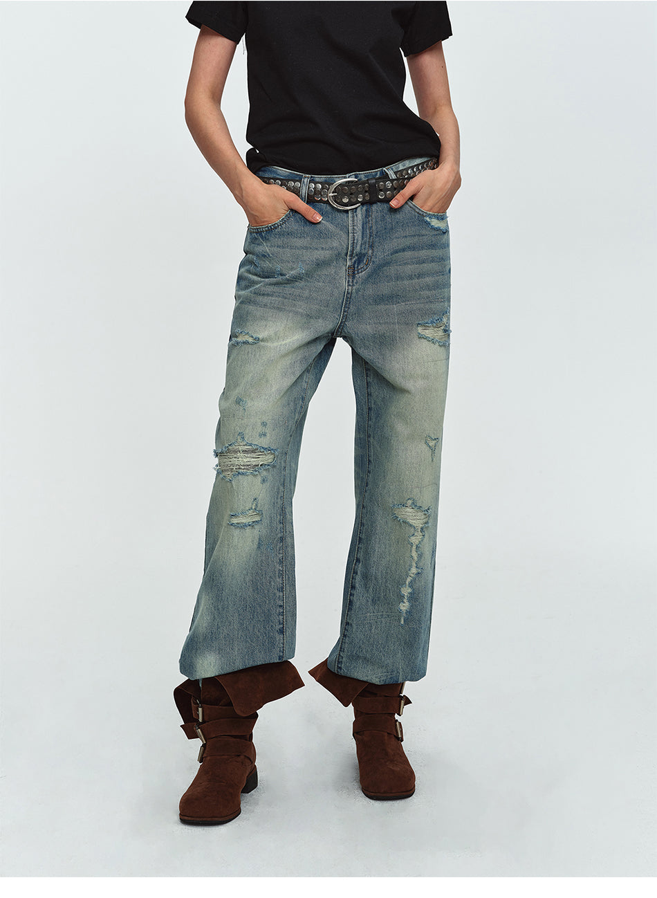 MADWITCH DISTRESSED WASHED WIDE-LEG JEANS #G60064