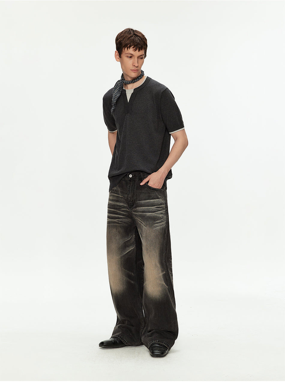 MADWITCH CONTRAST HENLEY KNIT T SHIRT #68659
