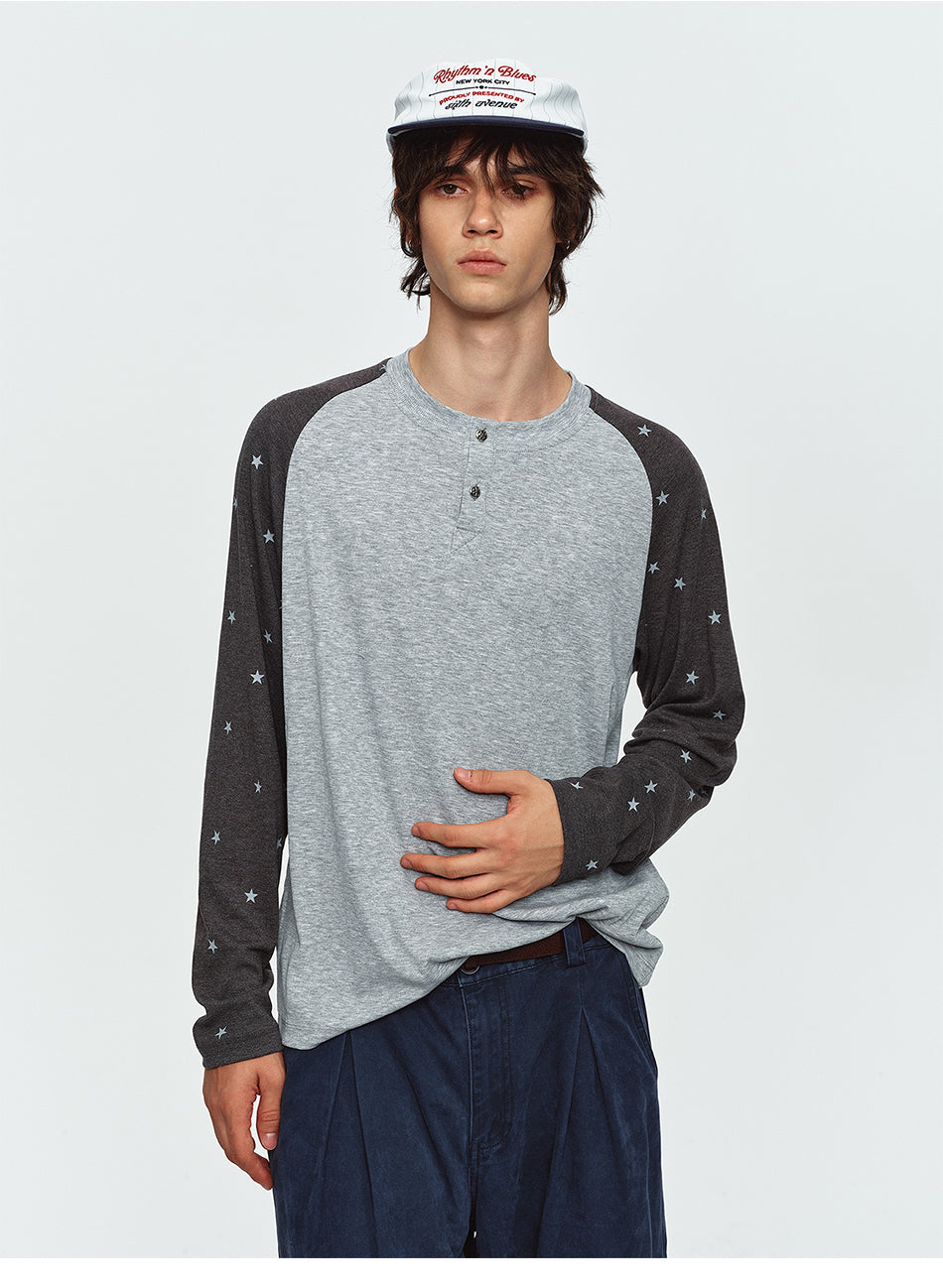 MADWITCH STAR-PRINT COLOR-BLOCK RAGLAN HENLEY TEE #2607TX5113