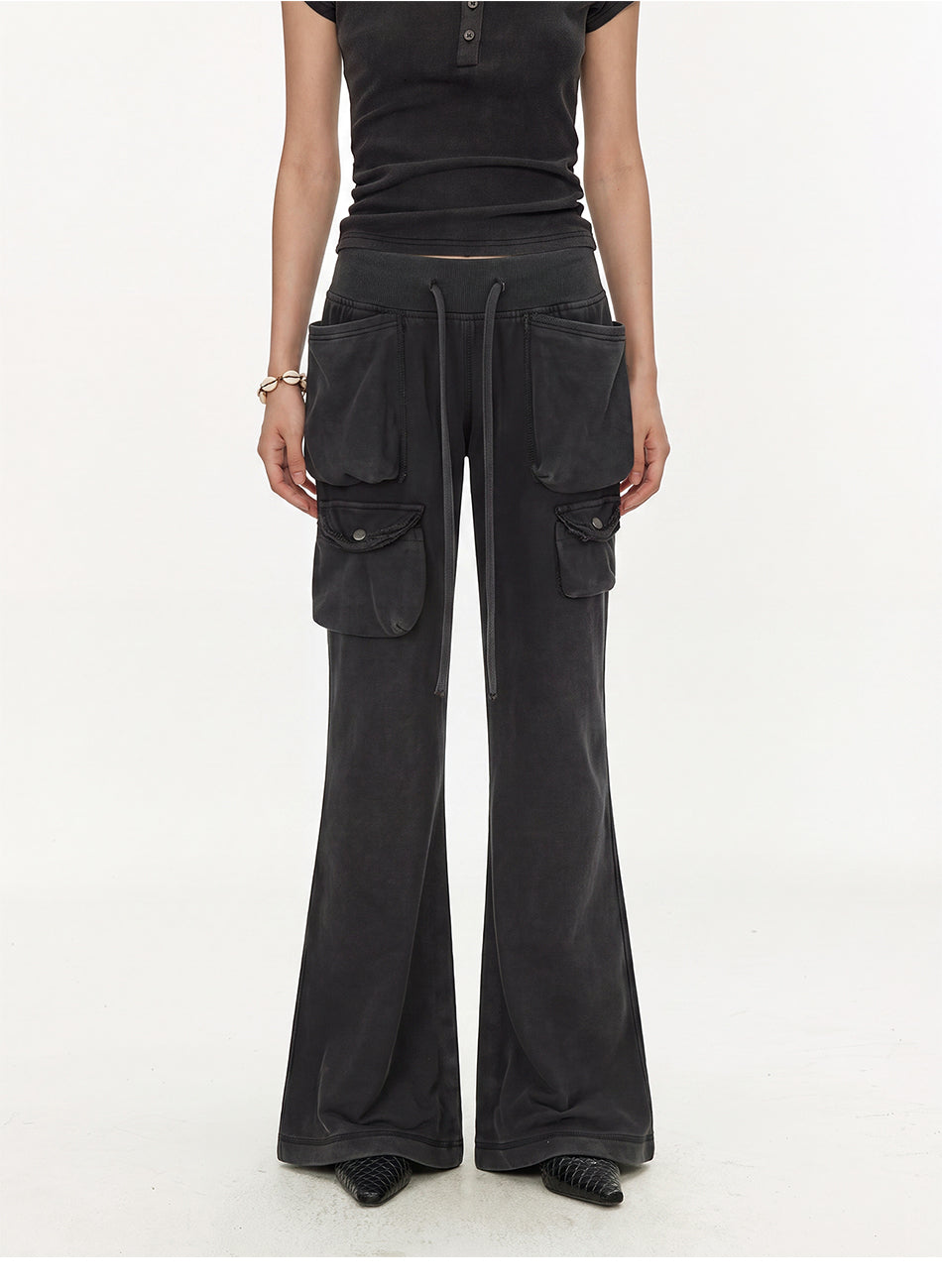 MADWITCH WASHED DISTRESSED MULTI-POCKET FLARE SWEATPANTS #CN61065