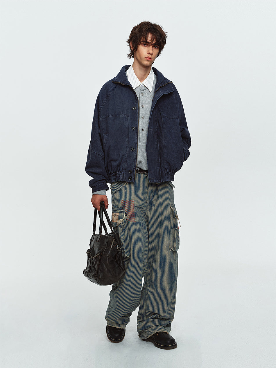 MADWITCH WASHED STAND-COLLAR RIBBED-HEM JACKET #AW26608