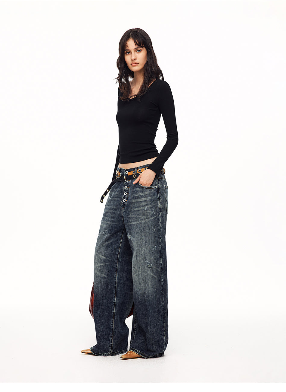 MADWITCH UNISEX MULTI-BUTTON WASHED WIDE-LEG JEANS #GPC9838