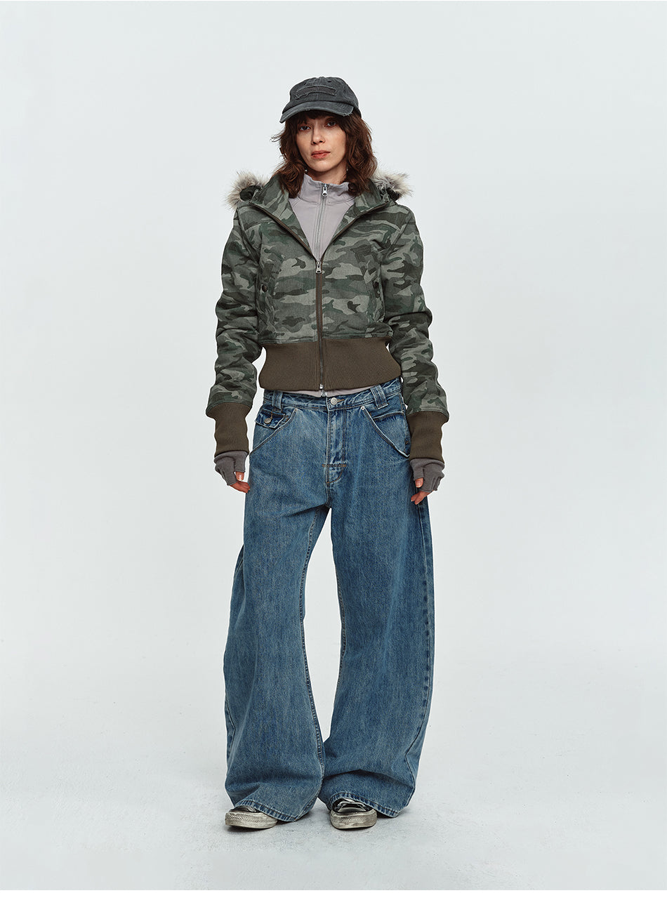 MADWITCH FAUX-FUR HOODED CINCHED CROPPED CAMO PUFFER #L2026539