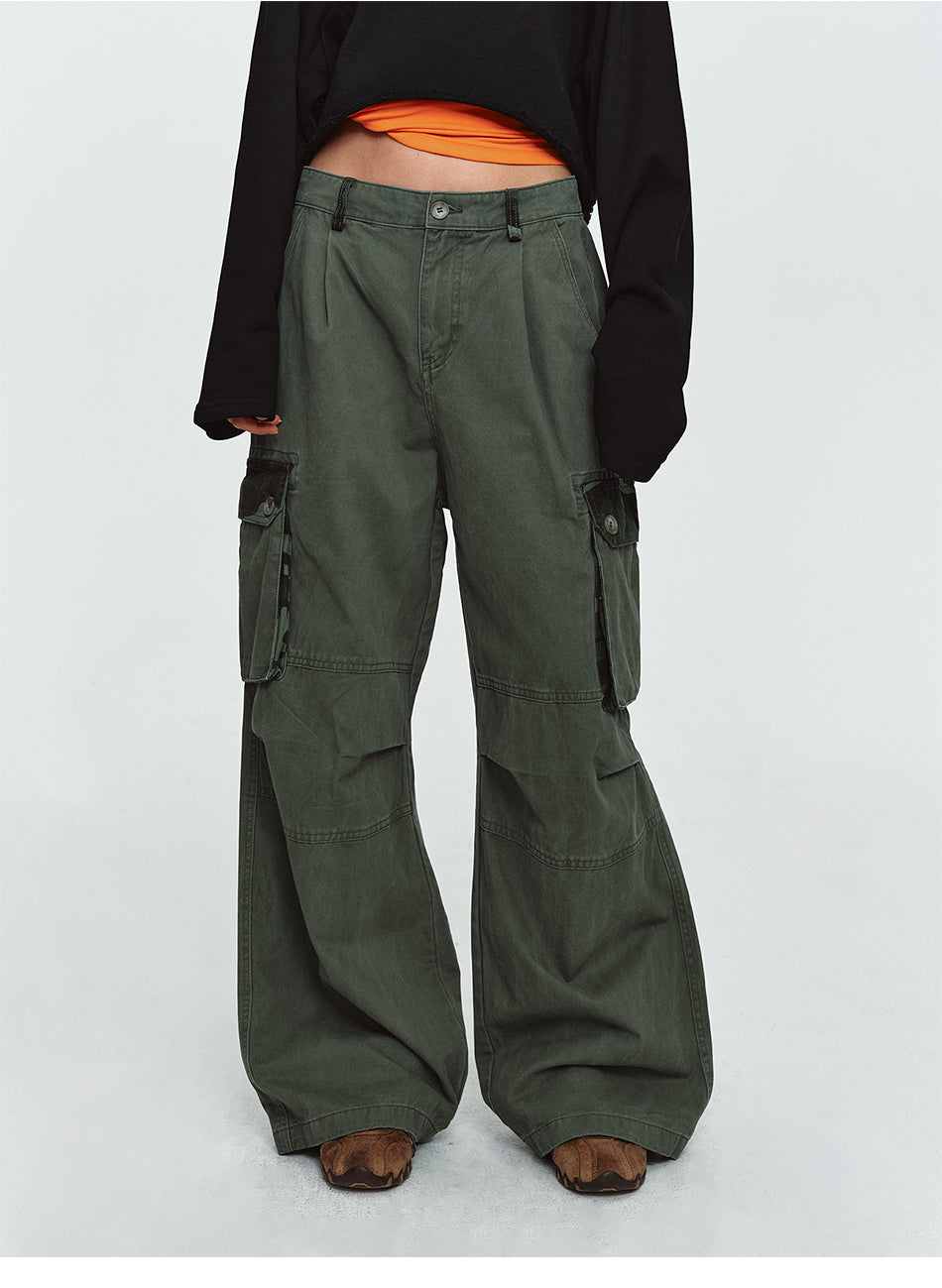 MADWITCH PLEATED CAMO-PATCHWORK WASHED CARGO PANTS #6851