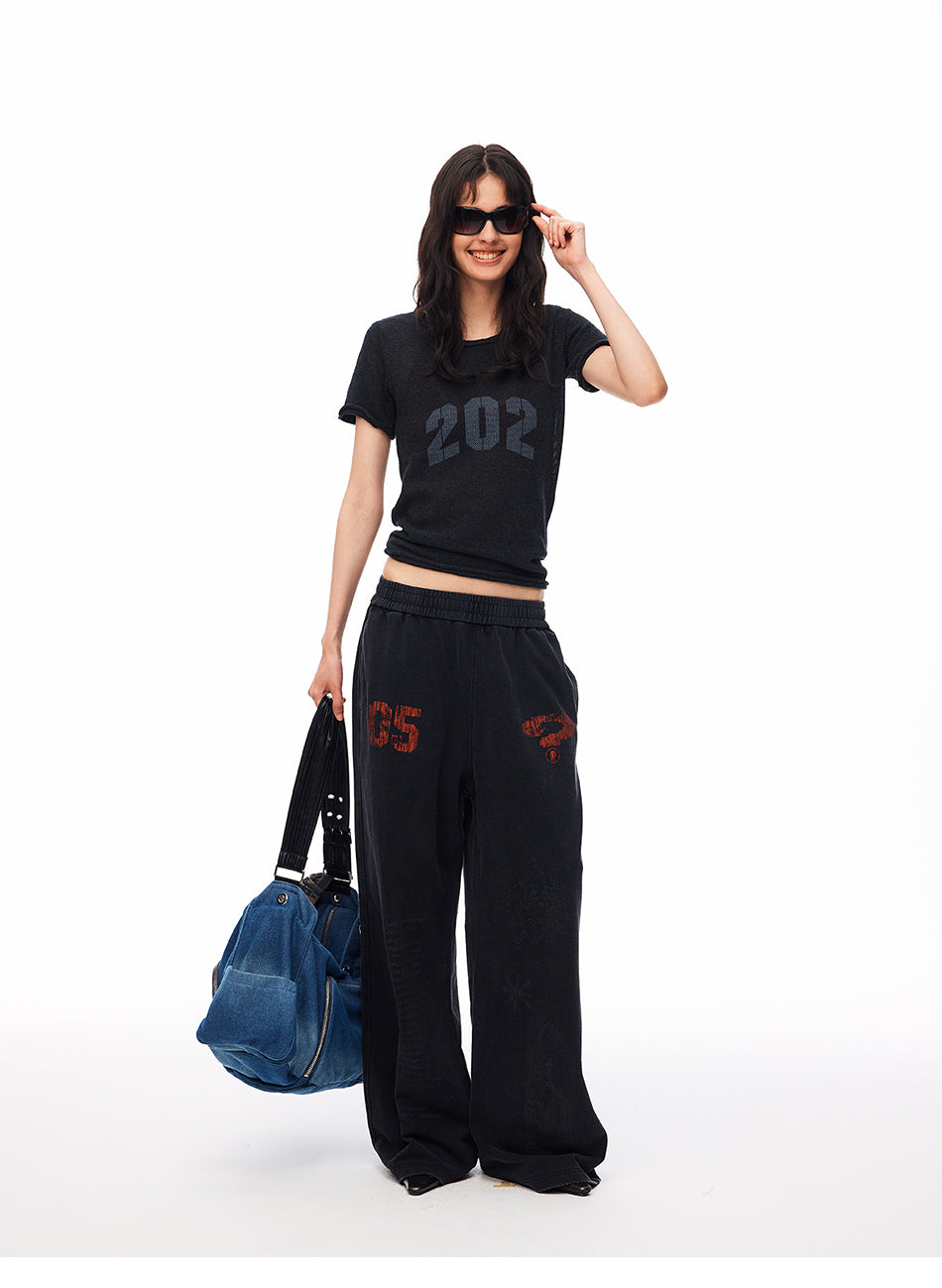 MADWITCH WASHED DISTRESSED PRINTED WIDE-LEG SWEATPANTS #CK61069