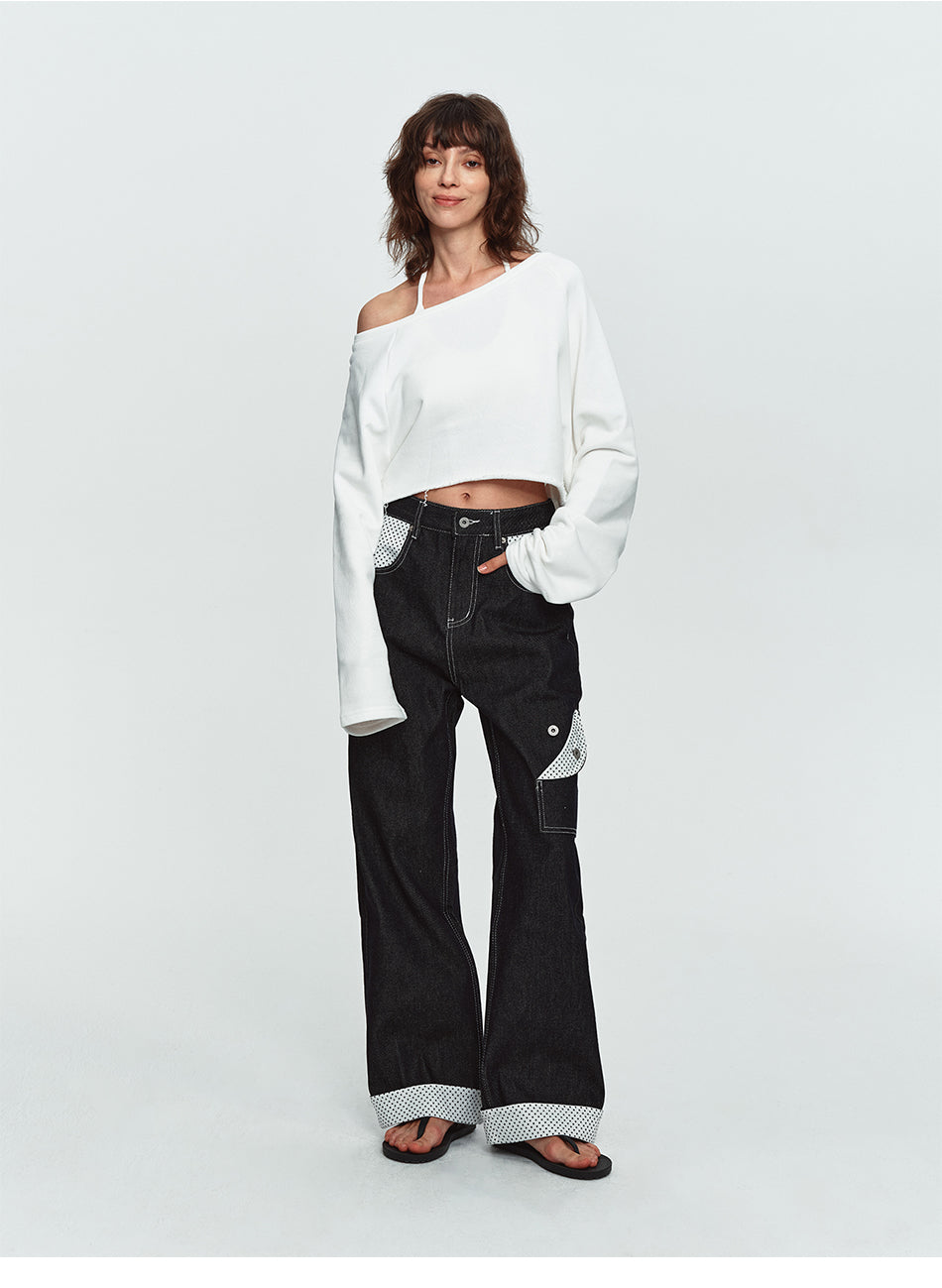 MADWITCH POLKA-DOT PATCHWORK CUFFED WIDE-LEG JEANS #G60107