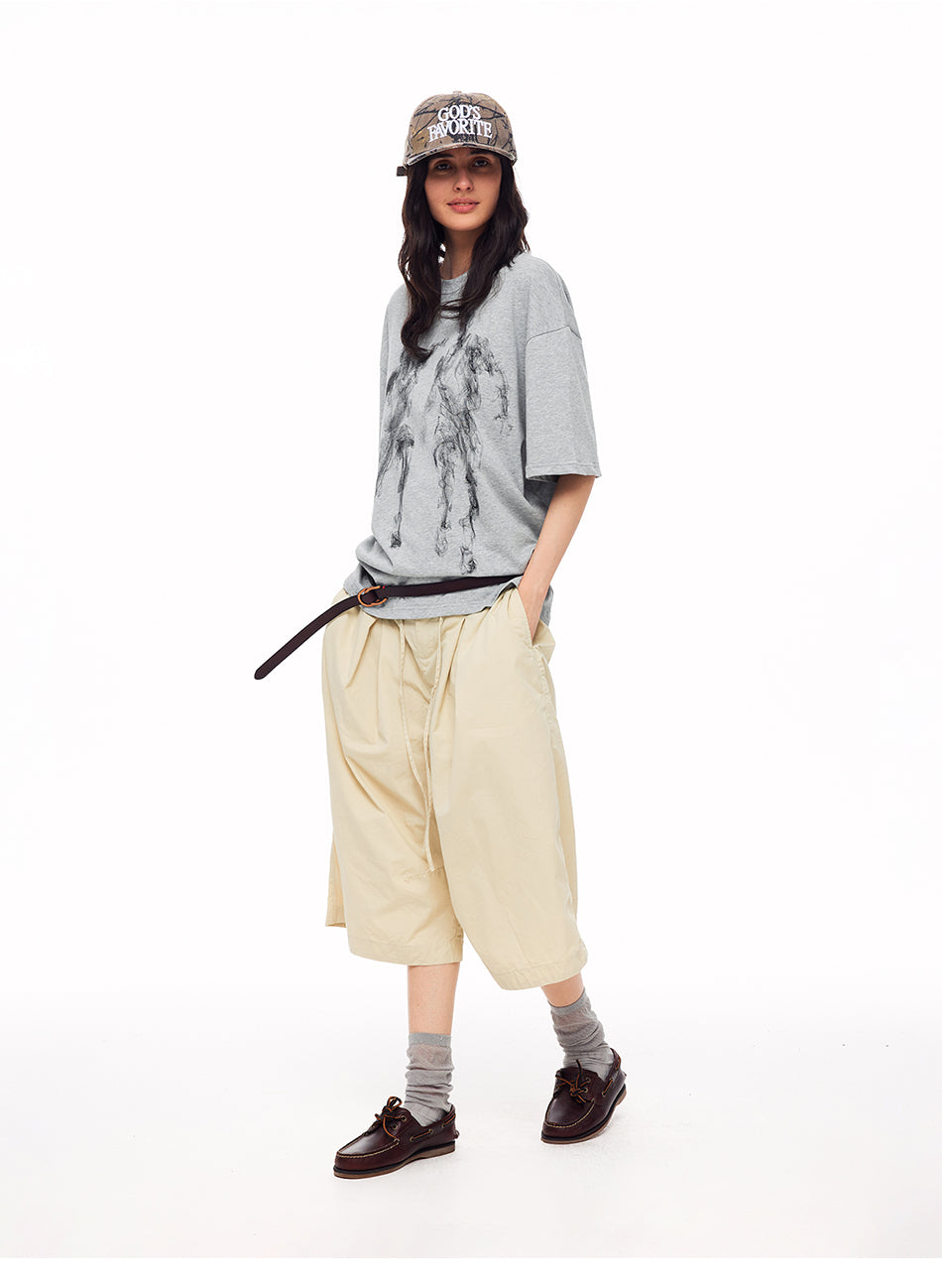 MADWITCH PLEATED DRAWSTRING DROPPED WIDE-LEG CAPRI PANTS #CK279D
