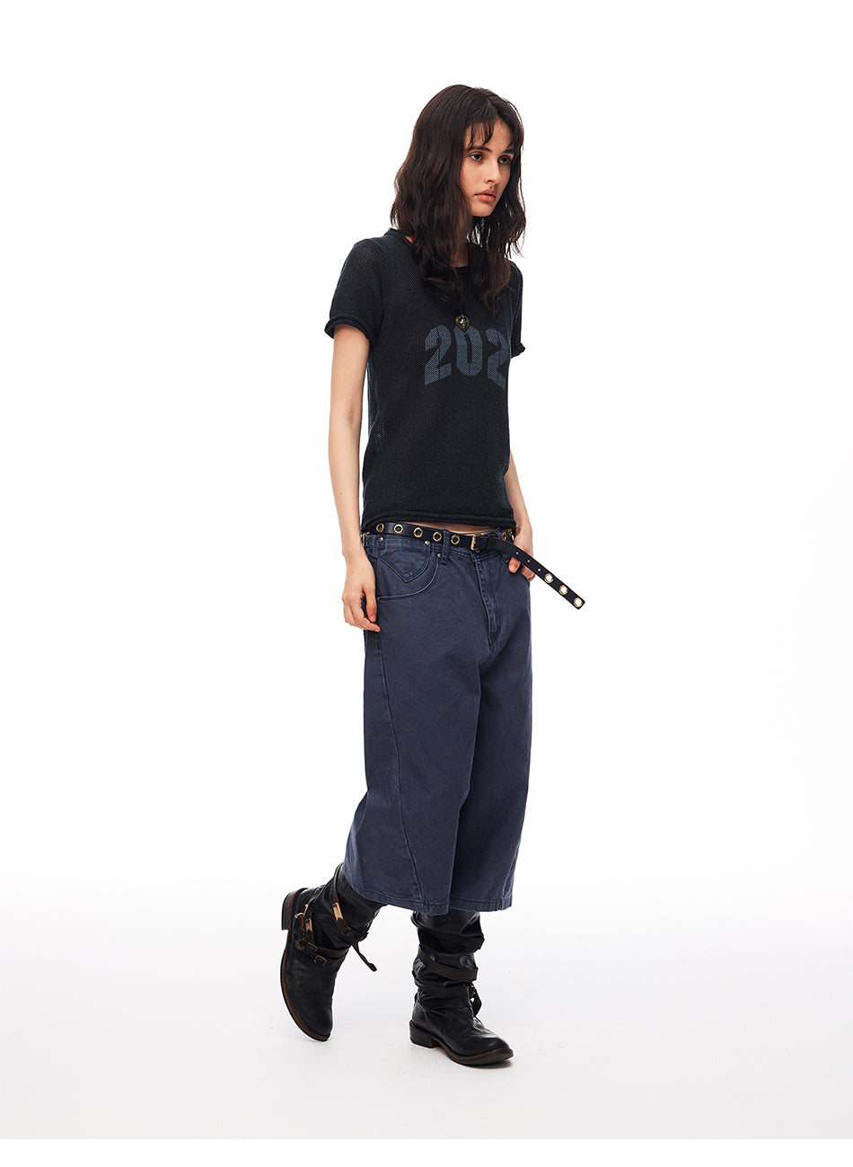 MADWITCH WASHED DISTRESSED ADJUSTABLE CAPRI PANTS #GPC9850D