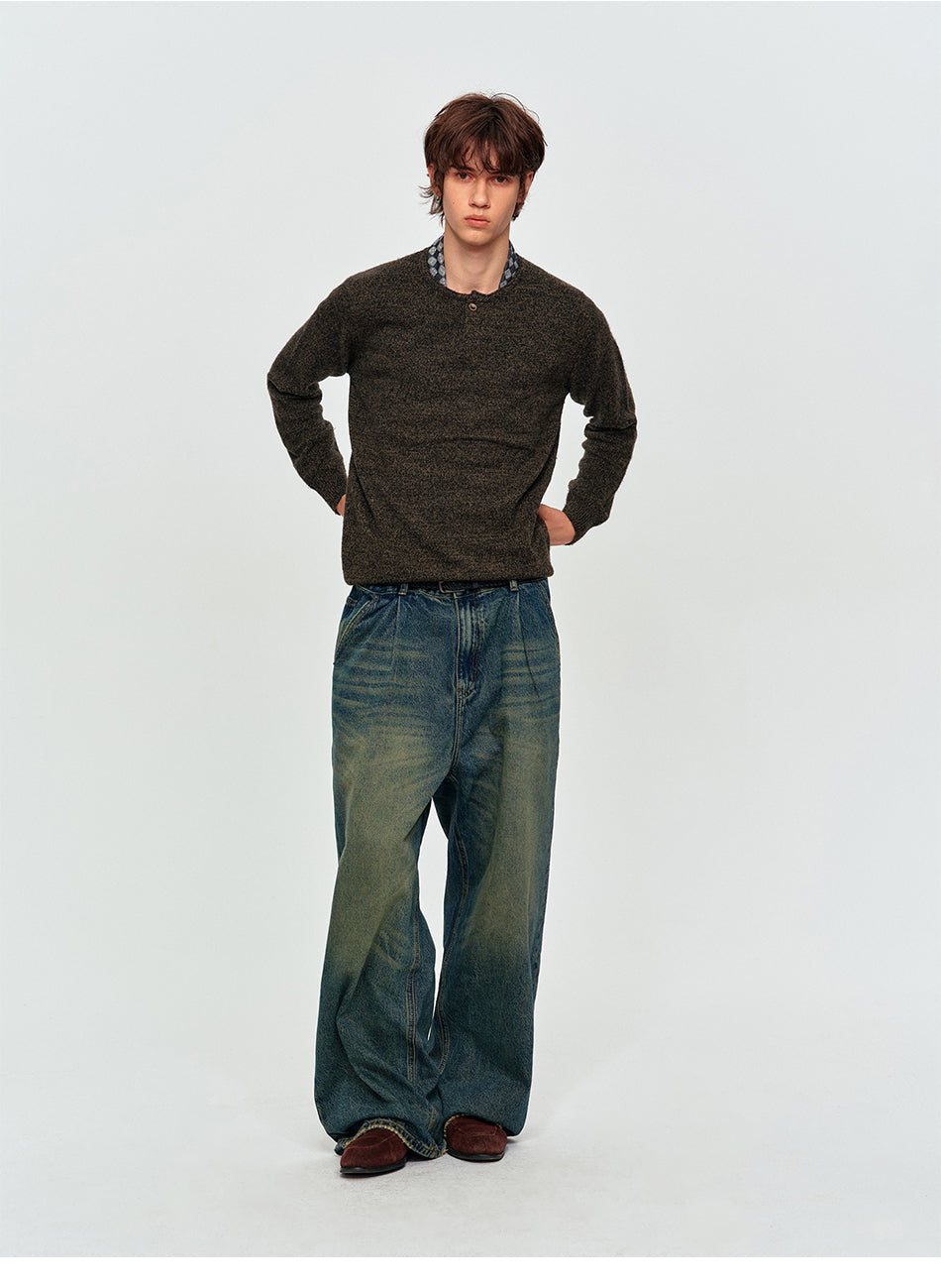 MADWITCH TEXTURED MARLED WOOL-BLEND HENLEY SWEATER #11826