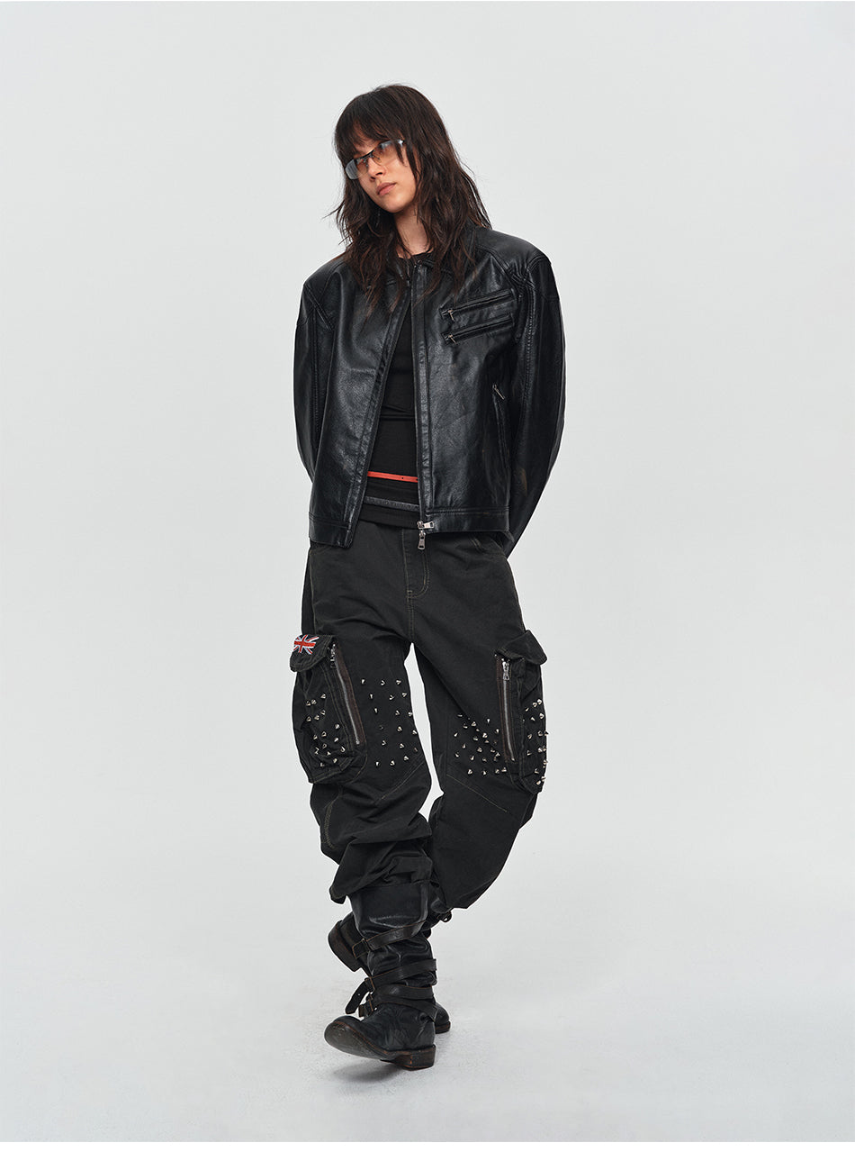 MADWITCH STUDDED WASHED MULTI-POCKET CARGO PANTS #L2026580
