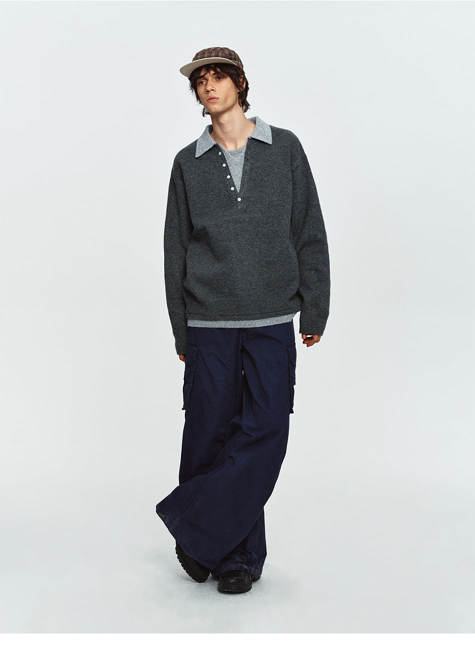MADWITCH LAYERED CONTRAST-COLLAR BUTTON-PLACKET POLO SWEATER #68562