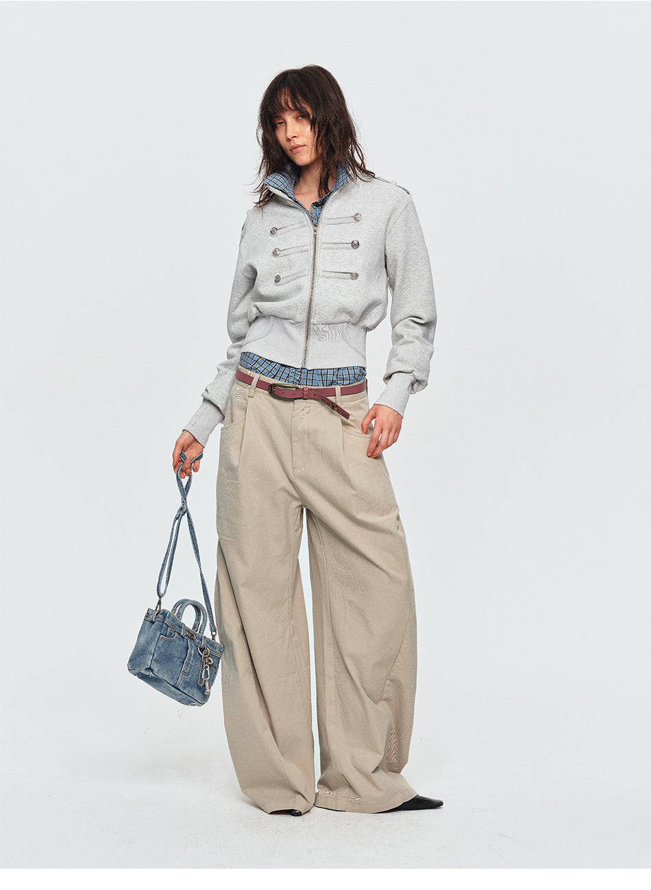 MADWITCH DOUBLE-PLEATED CURVED WIDE-LEG PANTS #A638