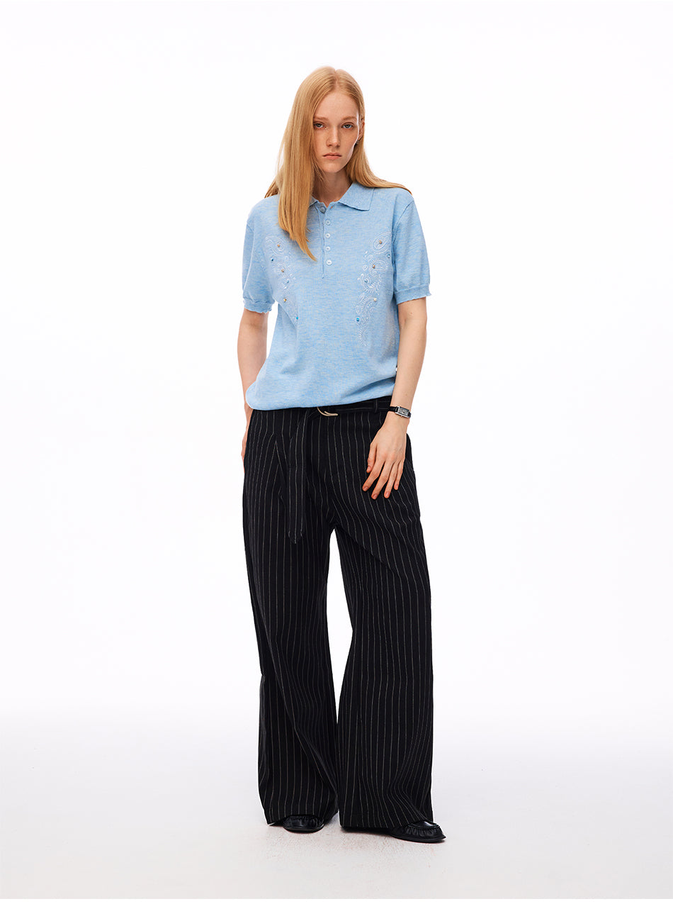 MADWITCH VINTAGE STRIPED BELTED WIDE-LEG TROUSERS #AW26170