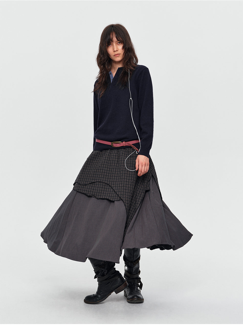 MADWITCH ASYMMETRIC LAYERED PLAID FLARE MIDI SKIRT #K102