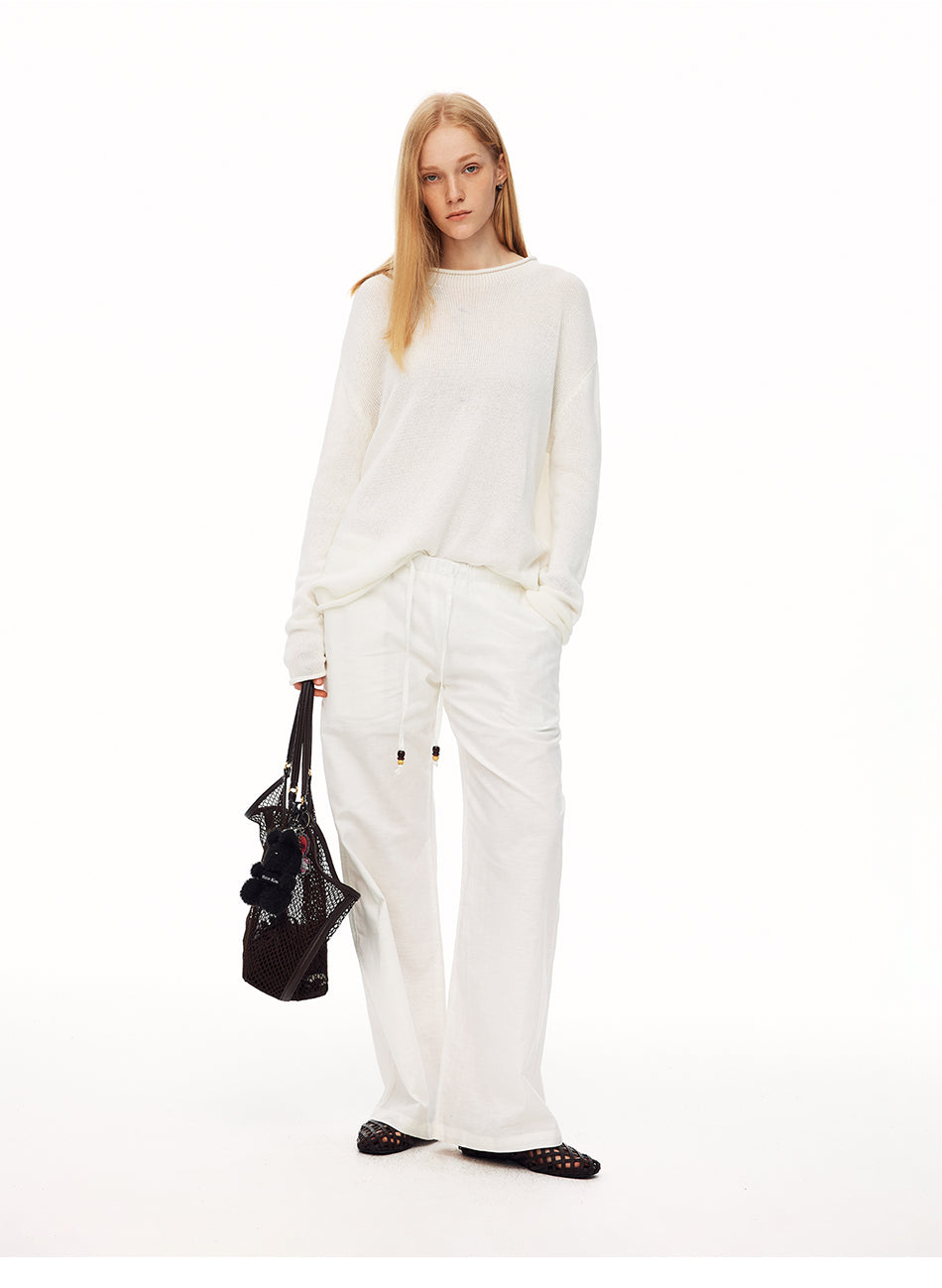 MADWITCH SLOUCHY LINEN-BLEND DRAWSTRING WIDE-LEG PANTS #CN61060