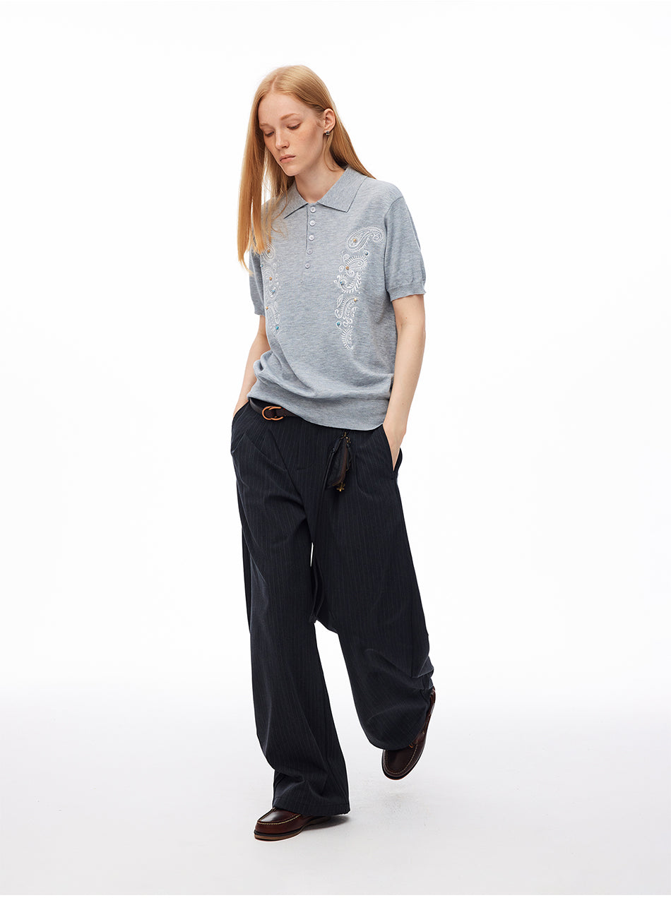MADWITCH STRIPED PLEATED CURVED WIDE-LEG PANTS #CK61039
