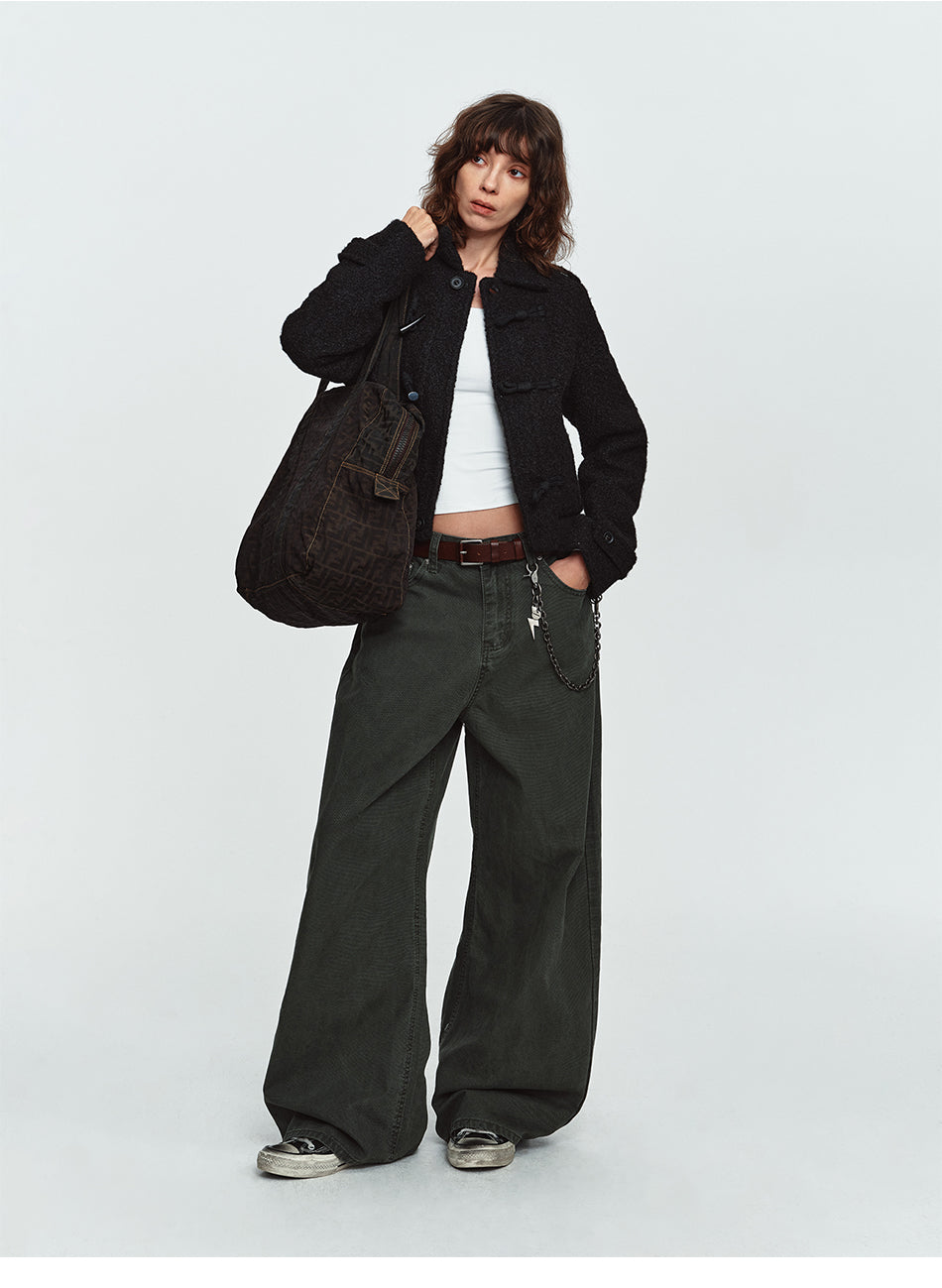 MADWITCH CURVED-LEG WASHED LACE-BACK TROUSERS #K7386