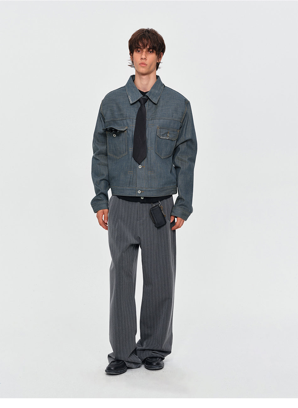 MADWITCH CONTRAST-STITCH DUAL-POCKET CROPPED DENIM JACKET #2605WT3009