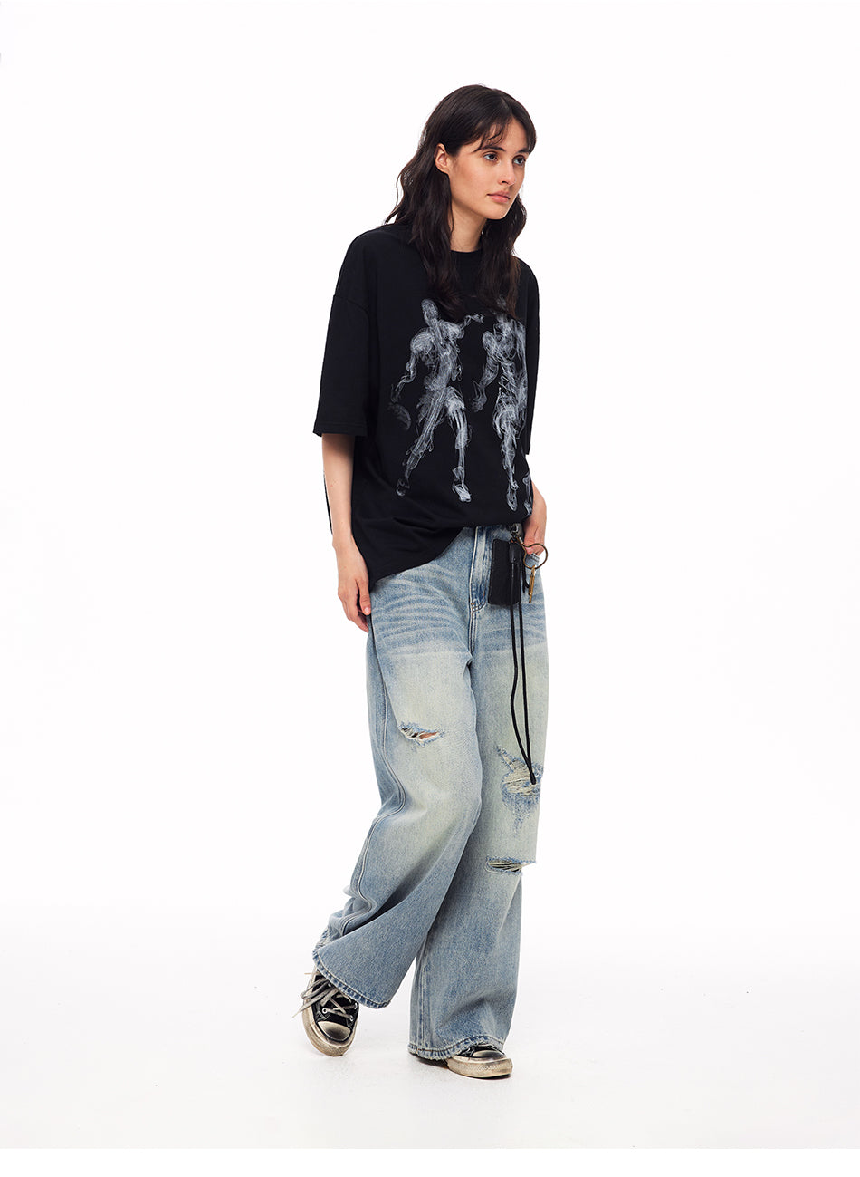 MADWITCH DISTRESSED BUCKLE-BACK WIDE-LEG JEANS #CK9839