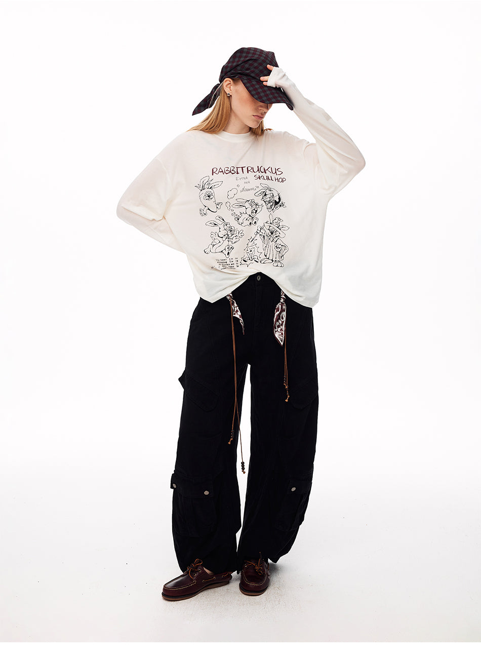 MADWITCH LOOSE RABBIT-PRINT LYOCELL LONG-SLEEVE T-SHIRT #N2191