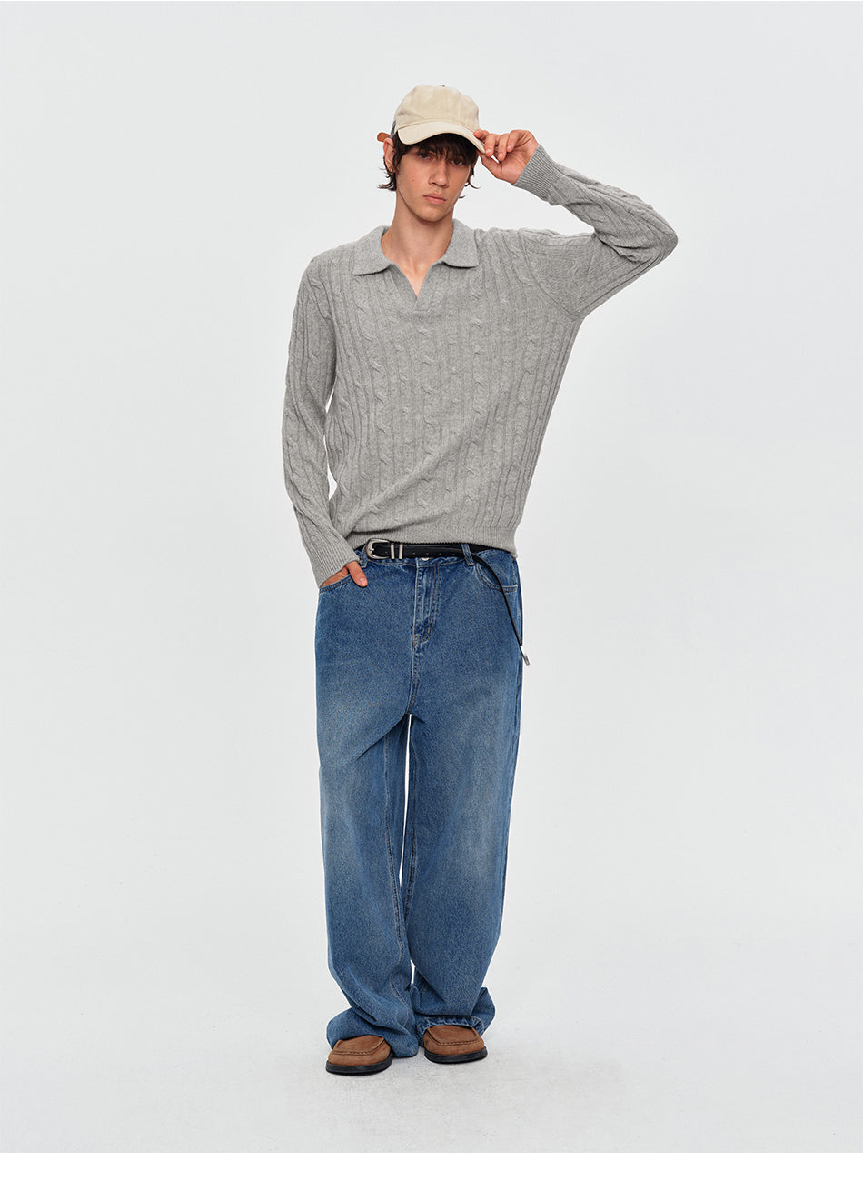 MADWITCH TEXTURED CABLE-KNIT WOOL-BLEND POLO SWEATER #11892