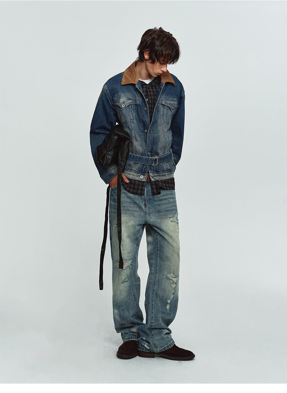 MADWITCH CONTRAST-COLLAR WASHED DISTRESSED DENIM JACKET #Z1650