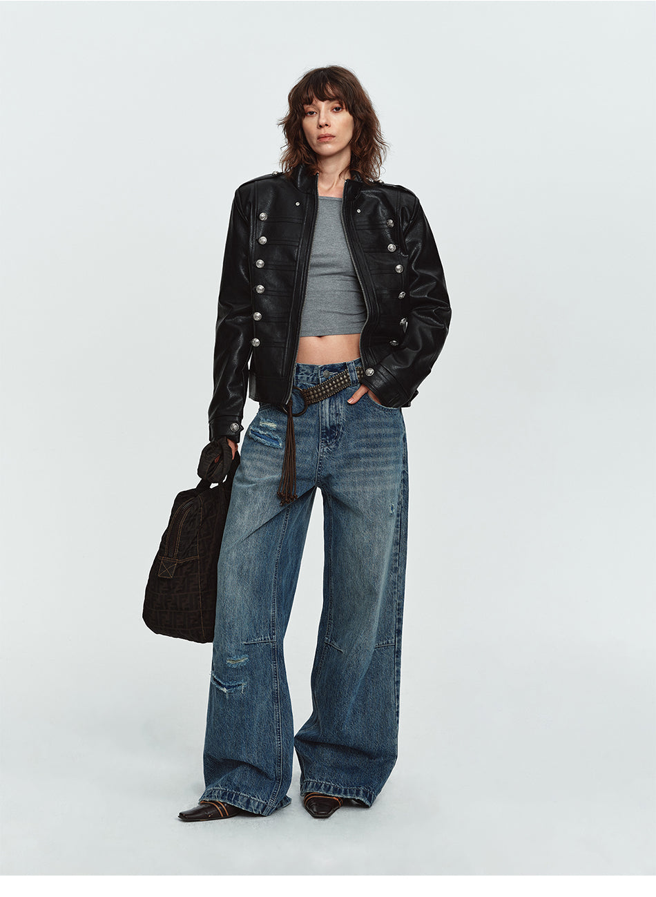 MADWITCH NAPOLEON-BUTTON CROPPED LEATHER BIKER JACKET #AW26188