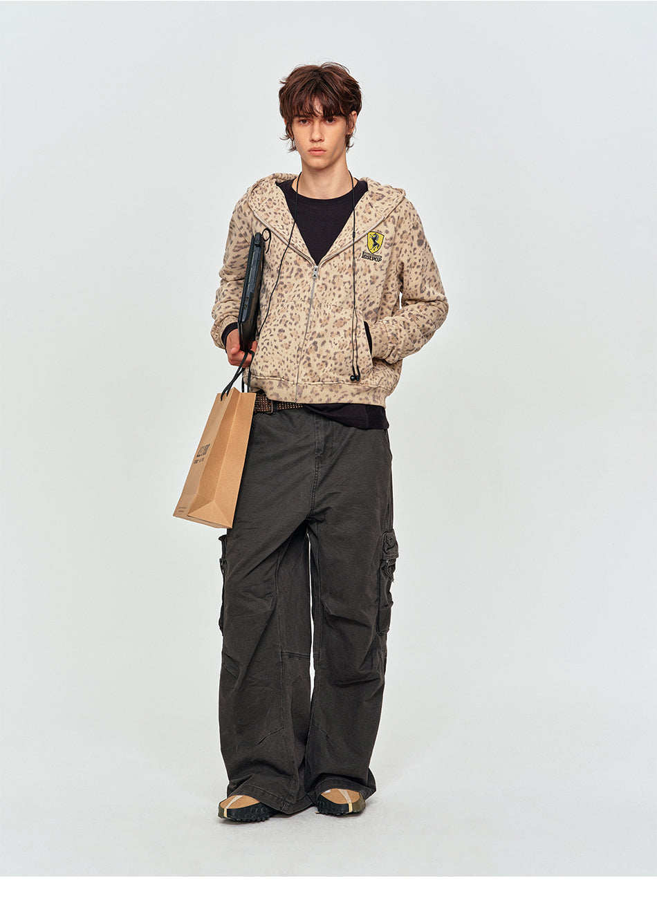 MADWITCH LEOPARD-PRINT EMBROIDERED CROPPED ZIP HOODIE #2604WY7021