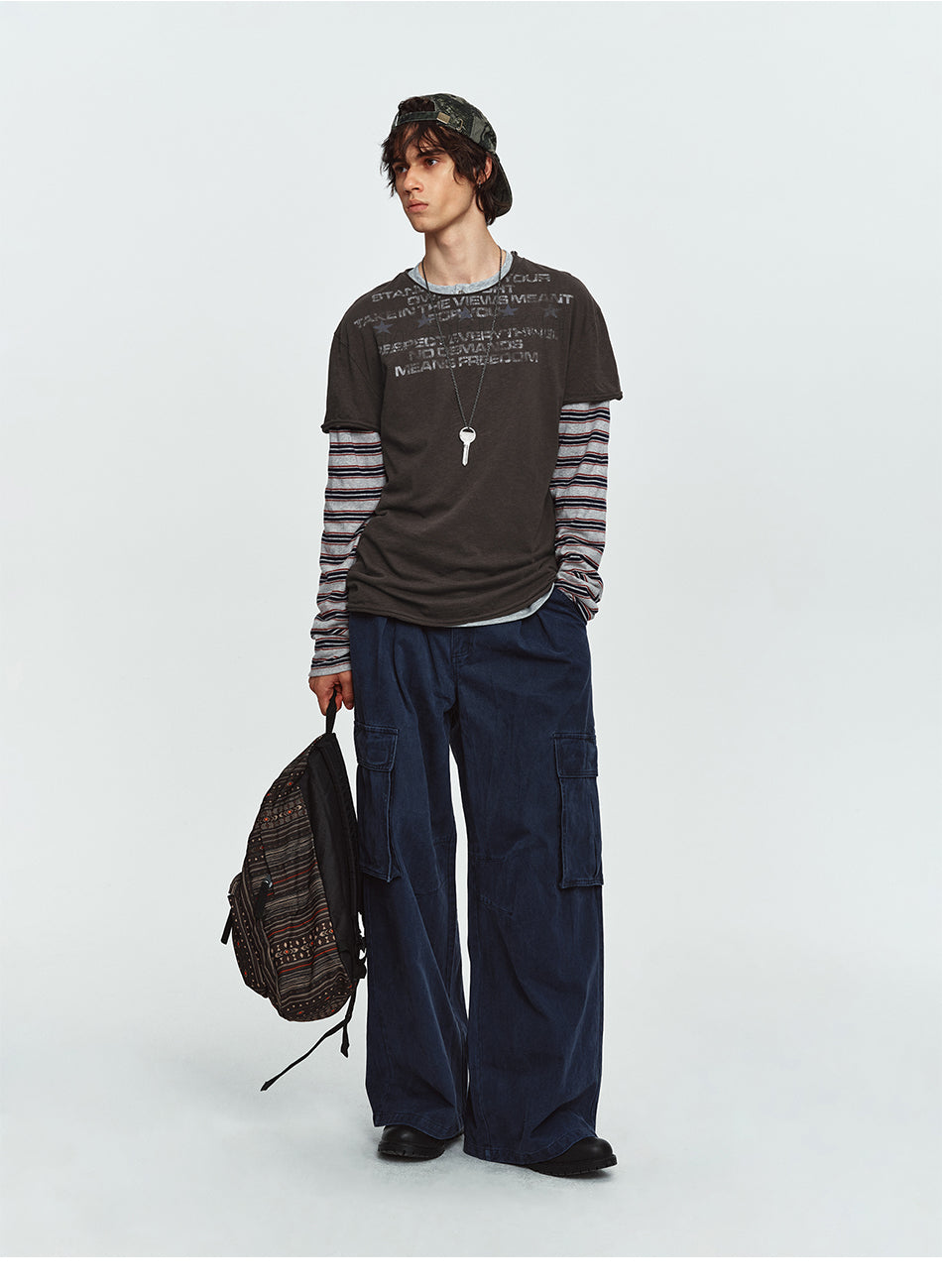 MADWITCH STRIPED-LAYERED LETTER-PRINT LONG-SLEEVE T-SHIRT #TC186