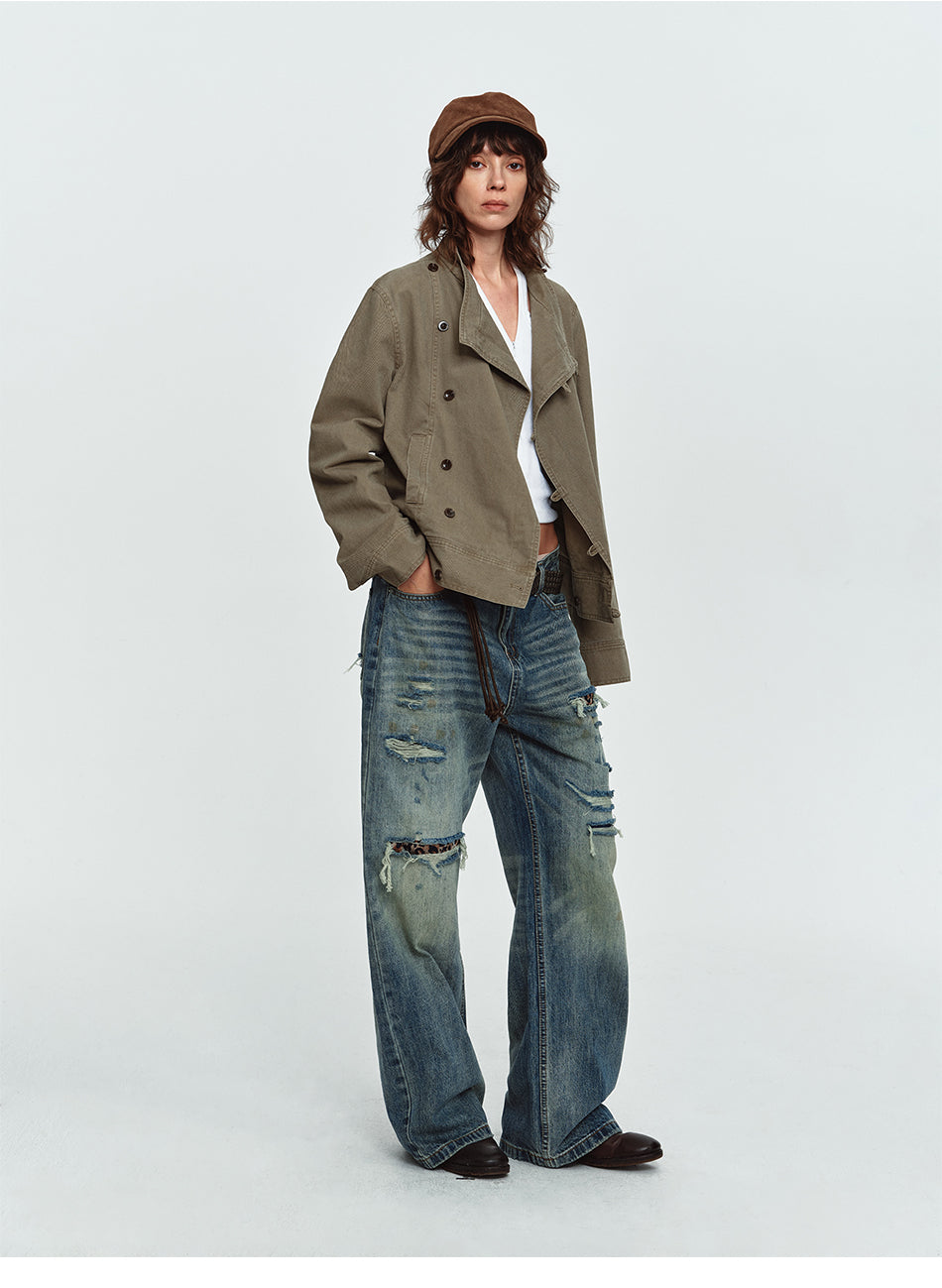 MADWITCH LEOPARD-POCKET DISTRESSED WIDE-LEG JEANS #G60073