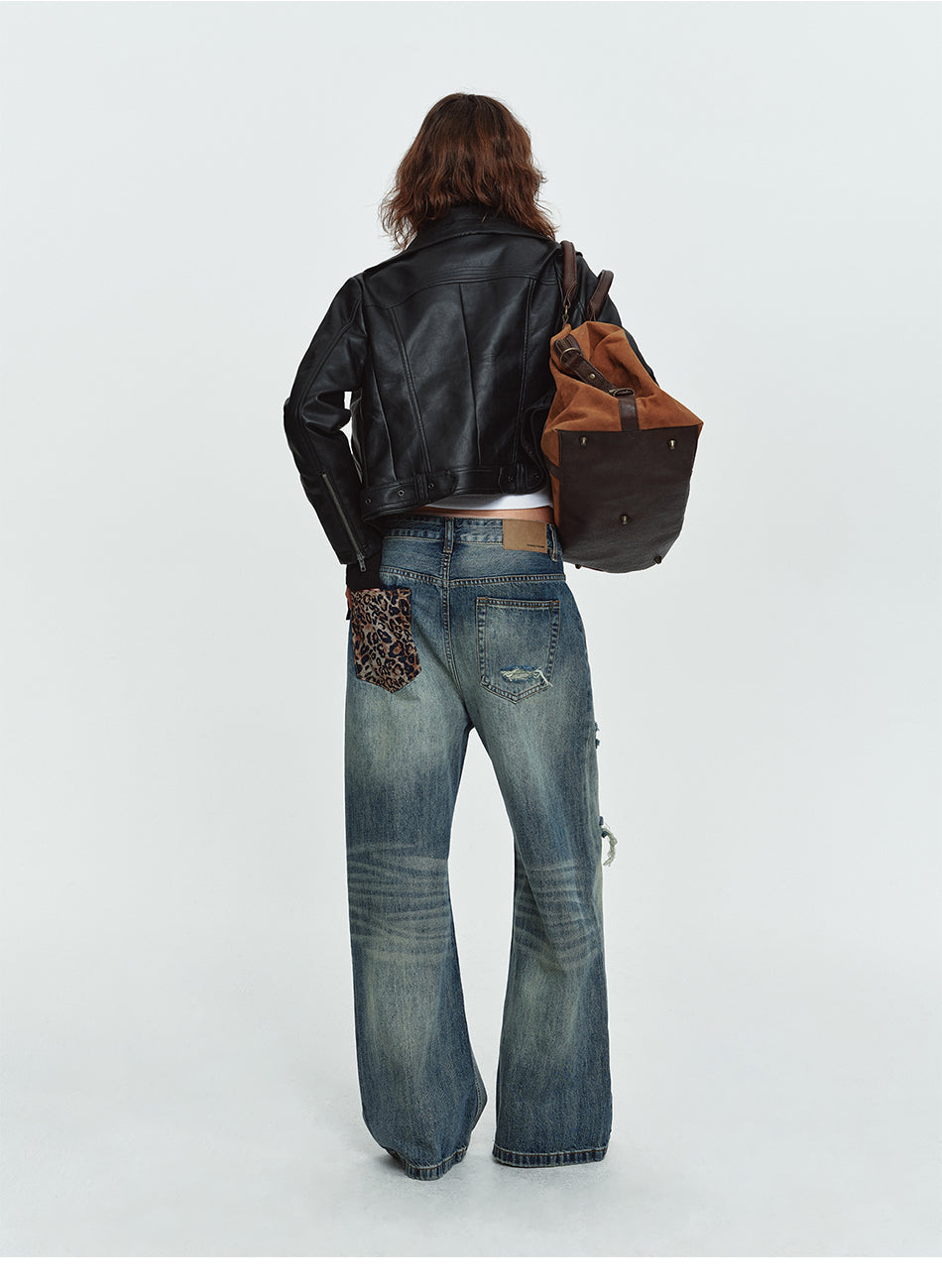 MADWITCH ASYMMETRIC-ZIP HIGH-COLLAR CROPPED FAUX-LEATHER BIKER JACKET #L2026611
