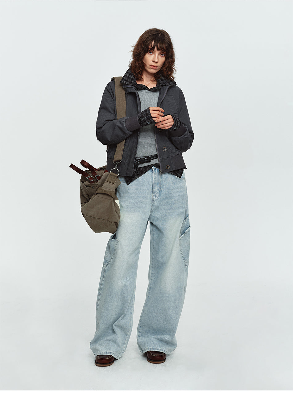 MADWITCH WASHED DISTRESSED MULTI-POCKET STAND-COLLAR CROPPED UTILITY JACKET #N606