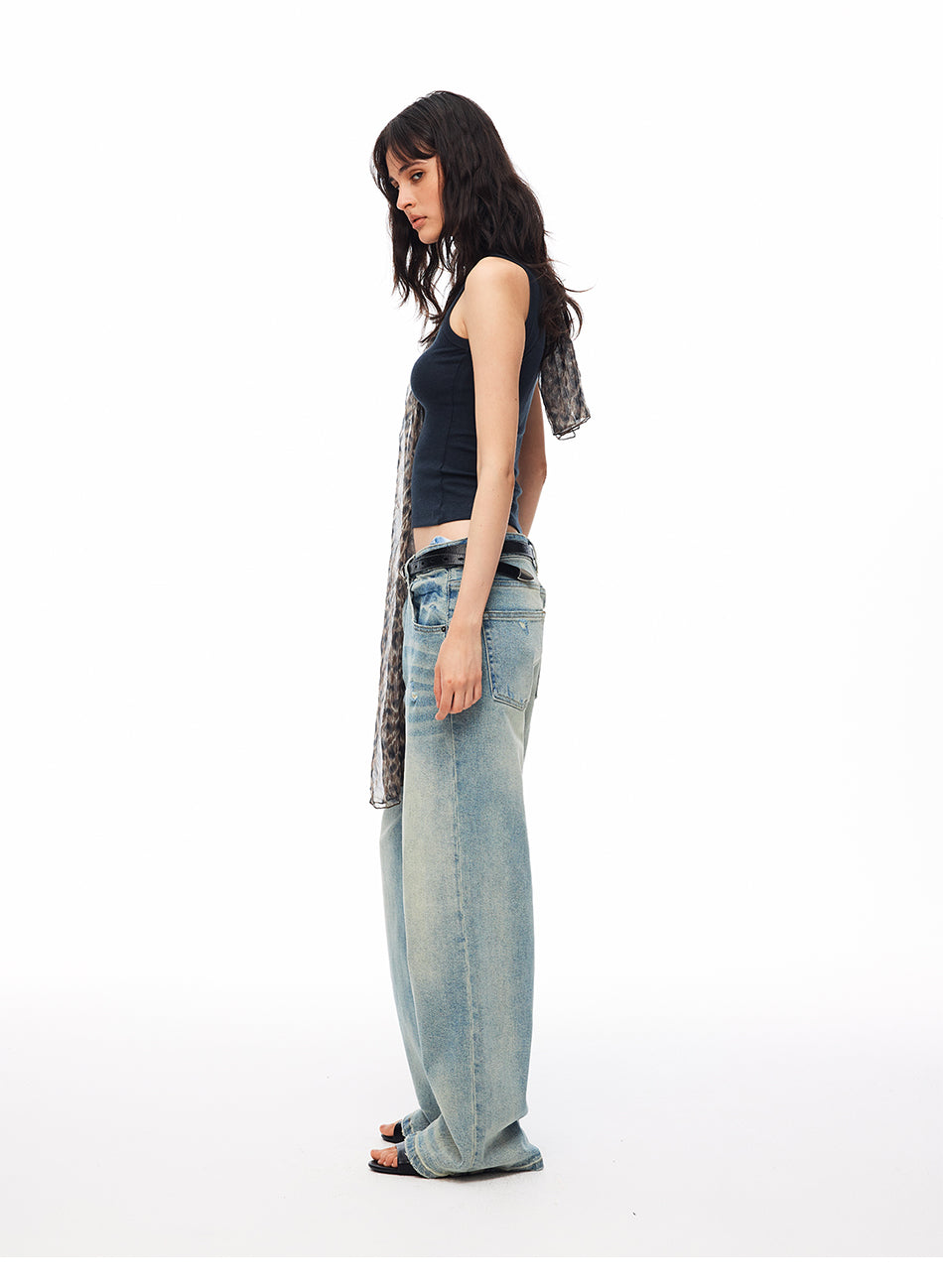 MADWITCH VINTAGE WASHED DISTRESSED WIDE-LEG JEANS #CN9835