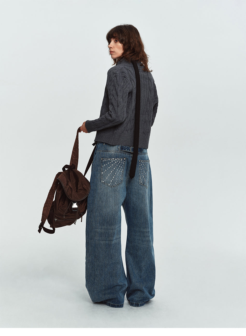MADWITCH CINCH-BACK STUDDED CURVED-LEG JEANS #G60083