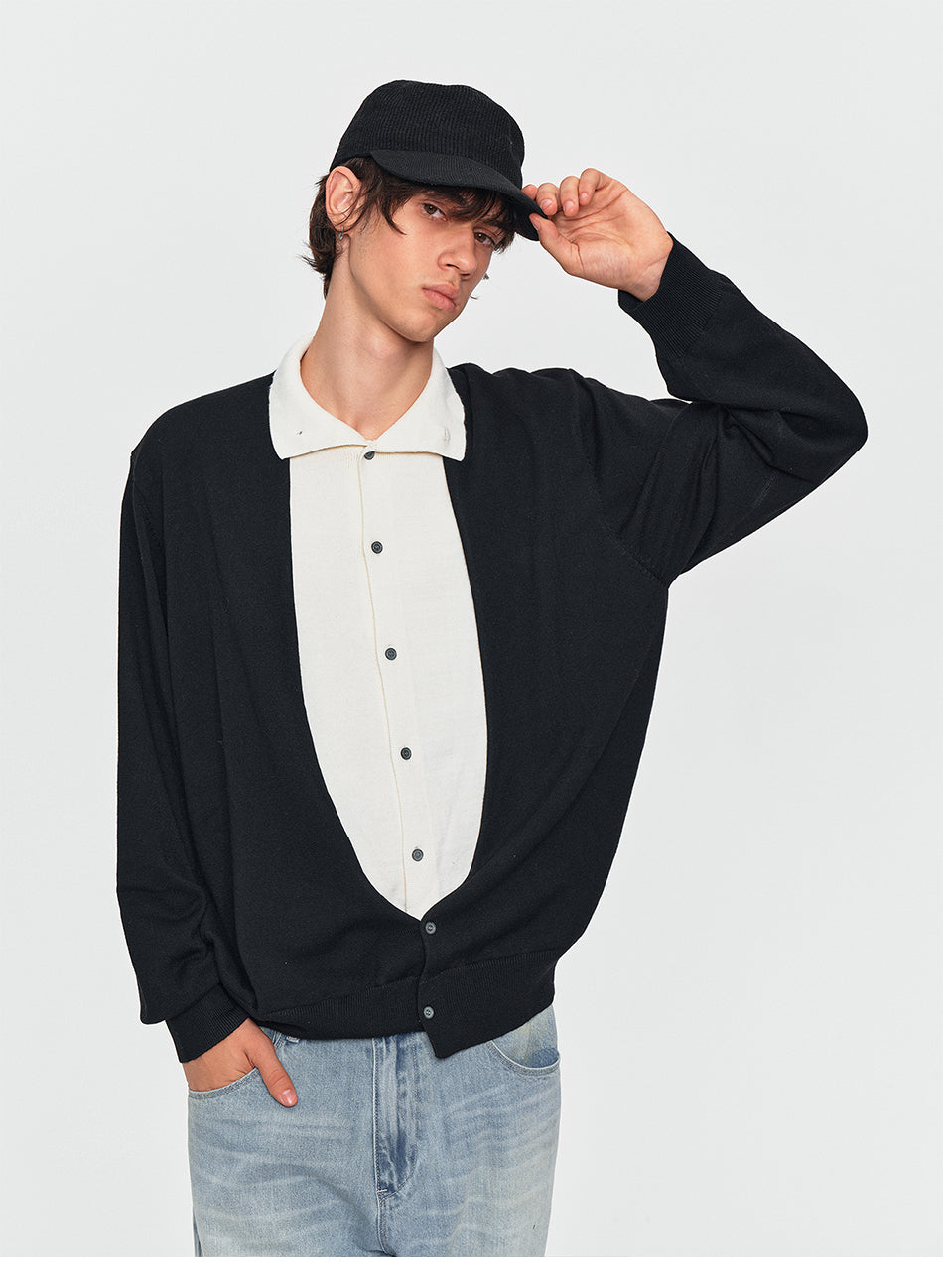 MADWITCH LAYERED SHIRT-COLLAR CONTRAST-PLACKET KNIT CARDIGAN #UTU085