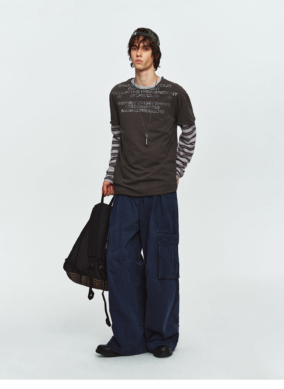 MADWITCH STRIPED-LAYERED LETTER-PRINT LONG-SLEEVE T-SHIRT #TC186